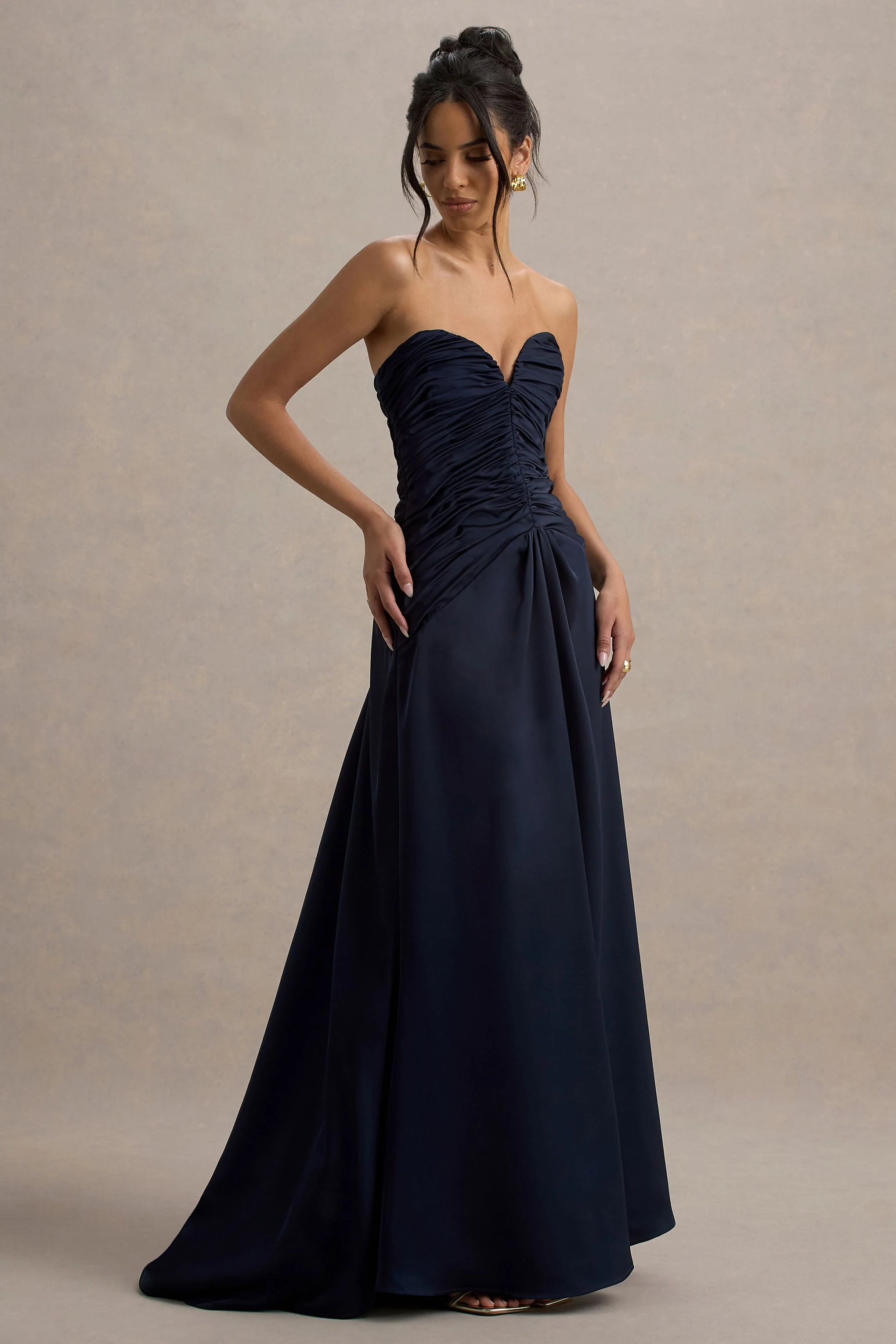 Desirie | Navy Satin Sweetheart Gathered Maxi Dress - Image 5