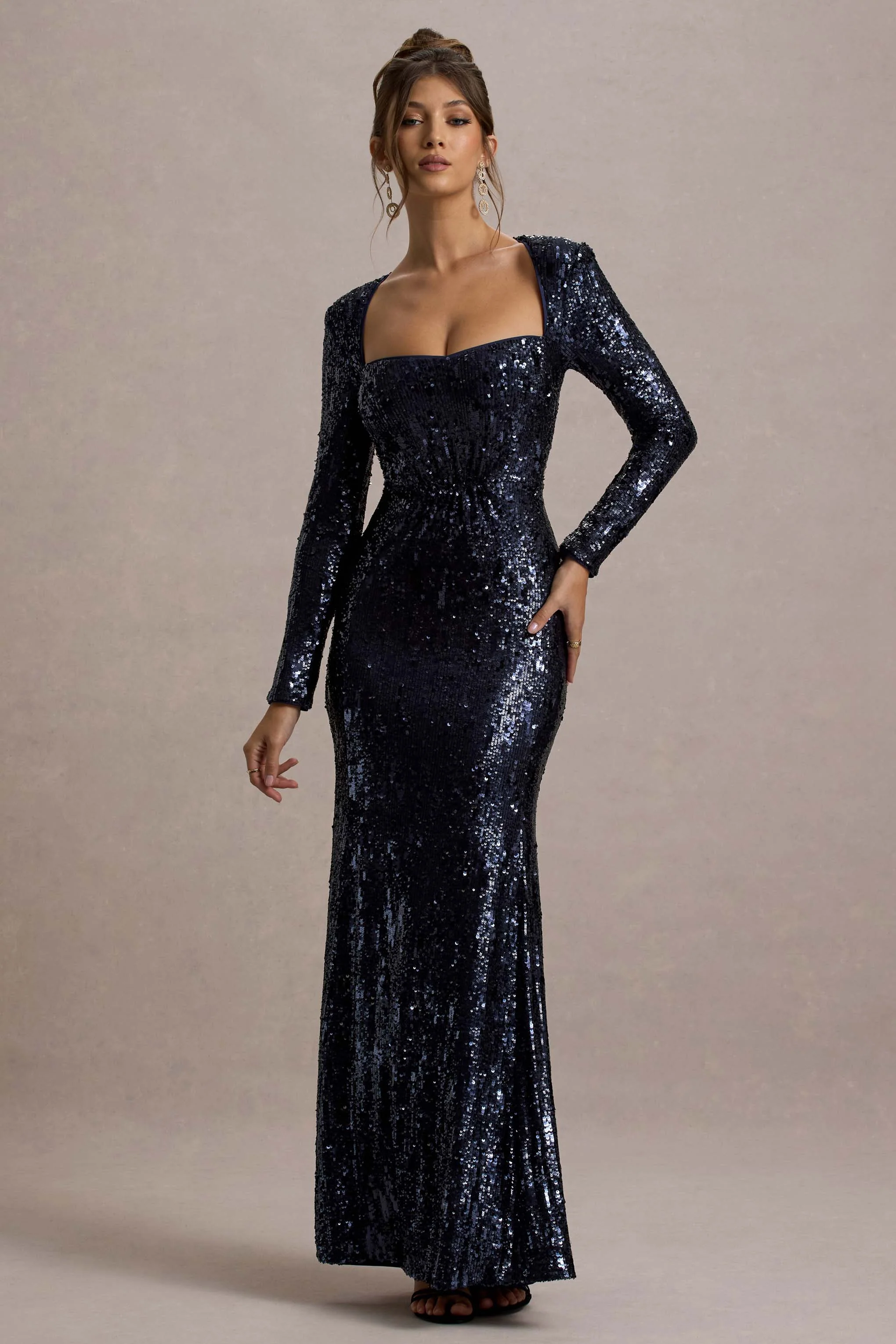 Ensley | Navy Sequin Sweetheart Long-Sleeve Maxi Dress - Image 4