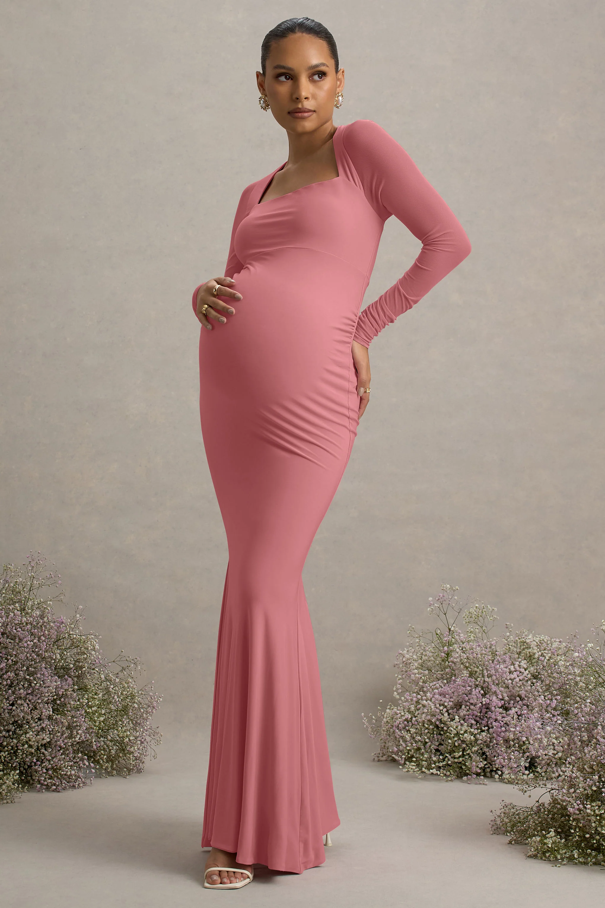Abeam | Blush Pink Maternity Maxi Dress With Sheer Sleeves - Image 5