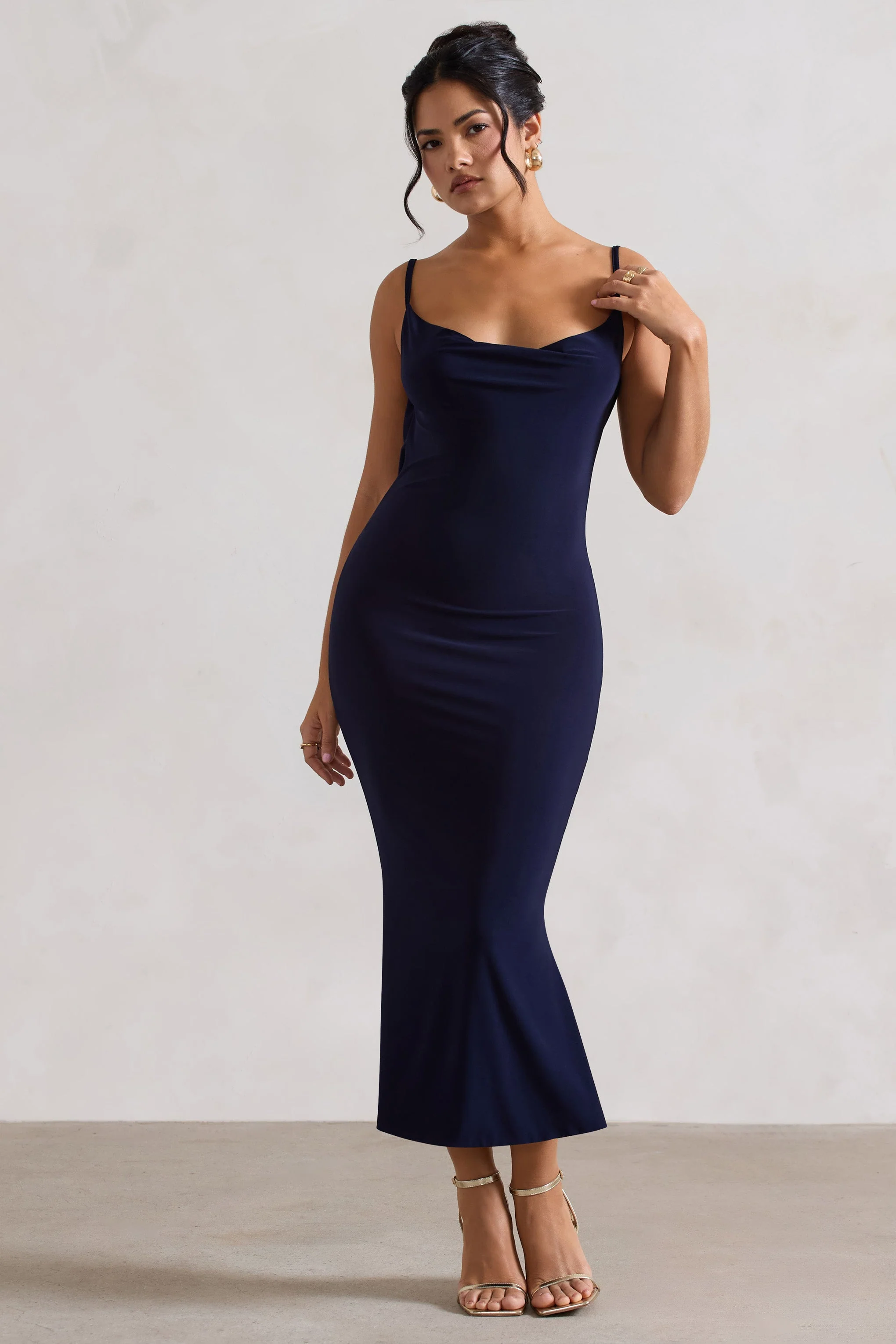 Addison | Navy Cowl-Neck Open-Back Midi Dress With Lace - Image 5