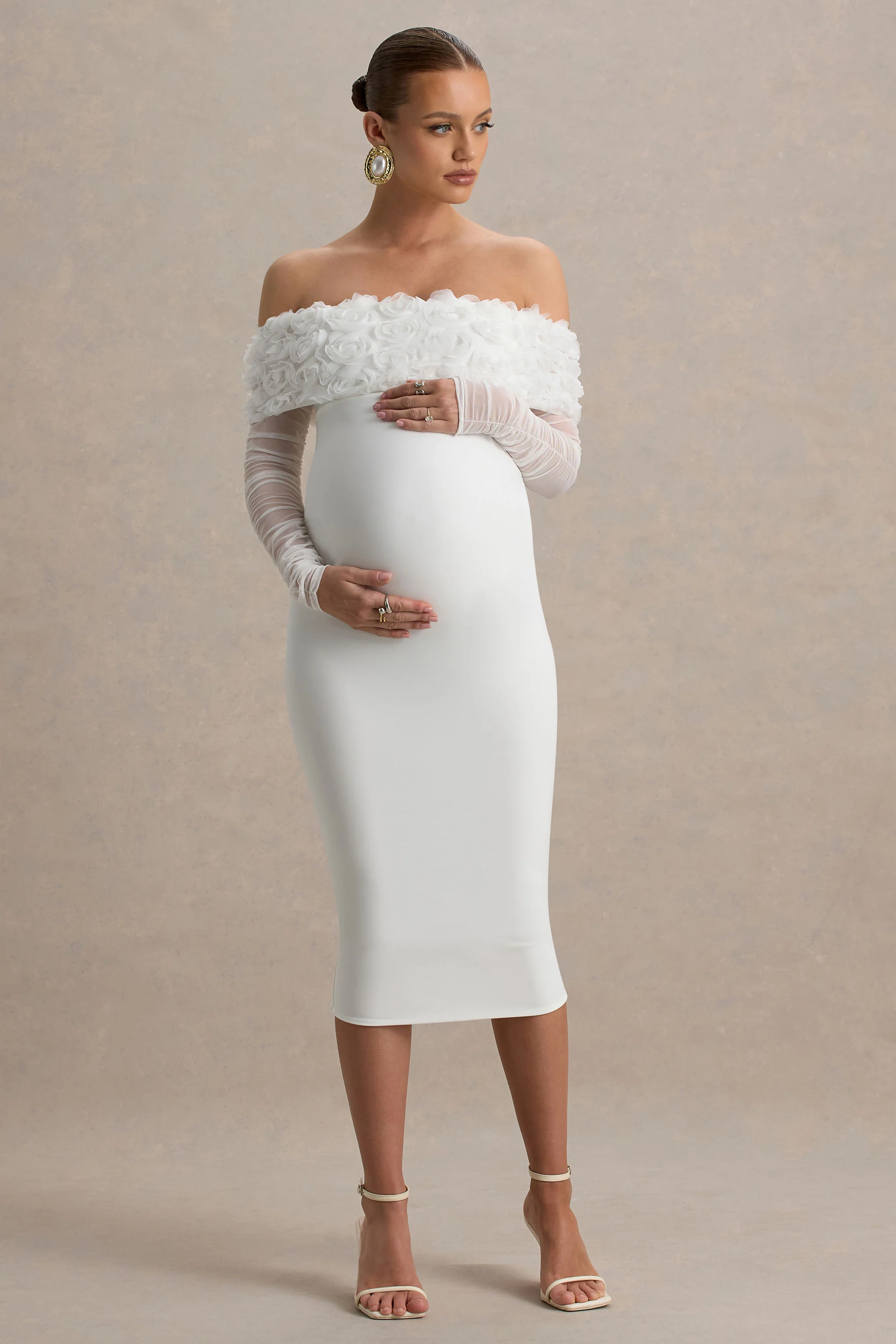 Adita | White Mesh Floral Bardot Maternity Midi Dress - Image 3