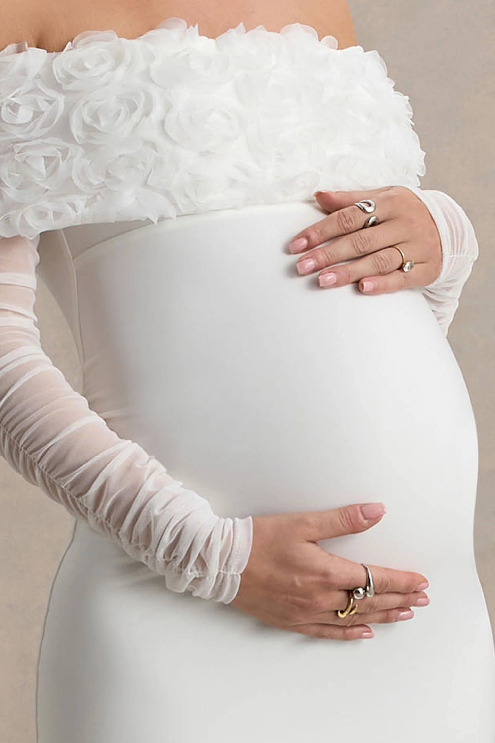 Adita | White Mesh Floral Bardot Maternity Midi Dress - Image 6