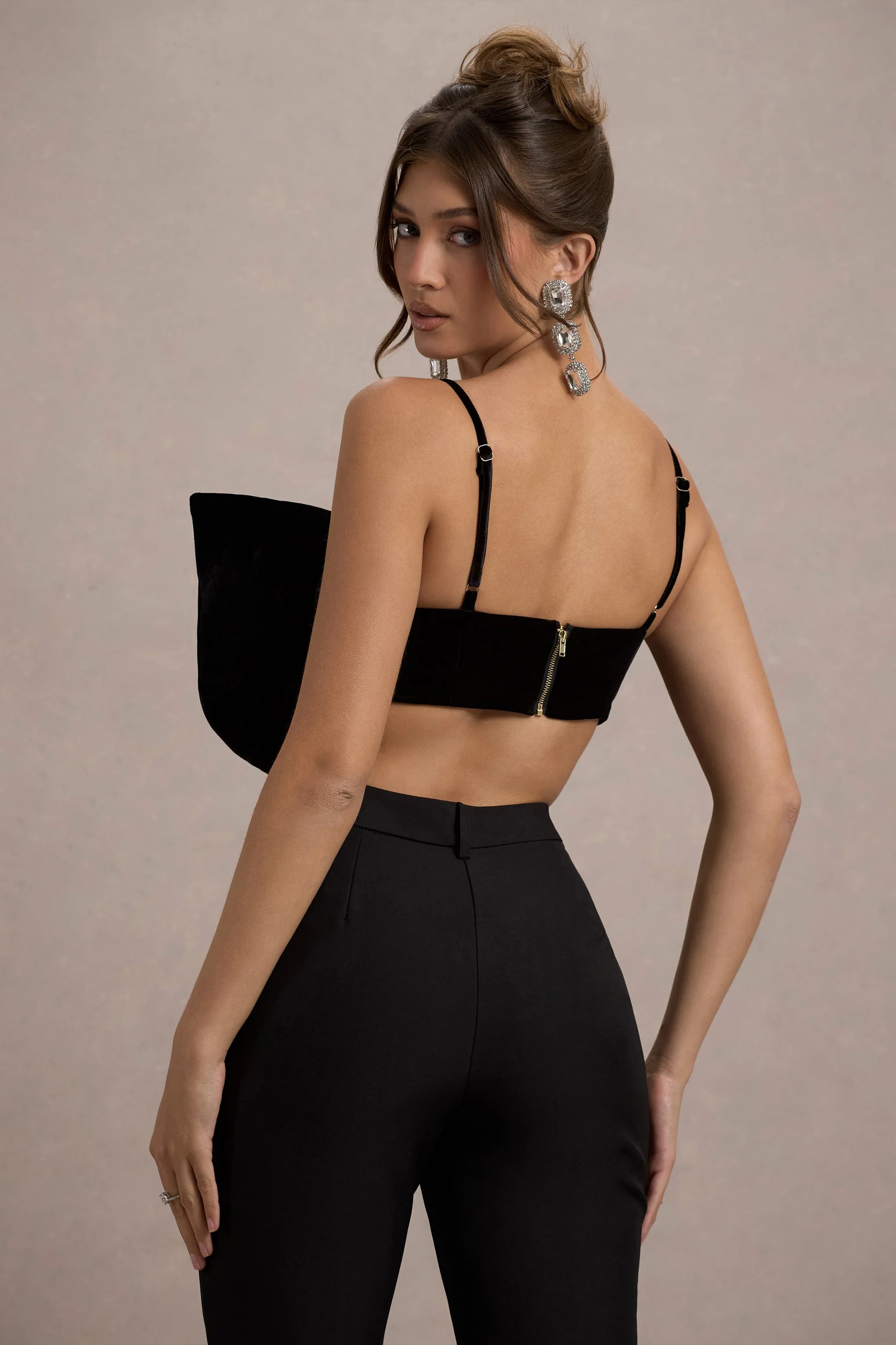 Adya | Black Velvet Strappy Bow Crop Top - Image 2