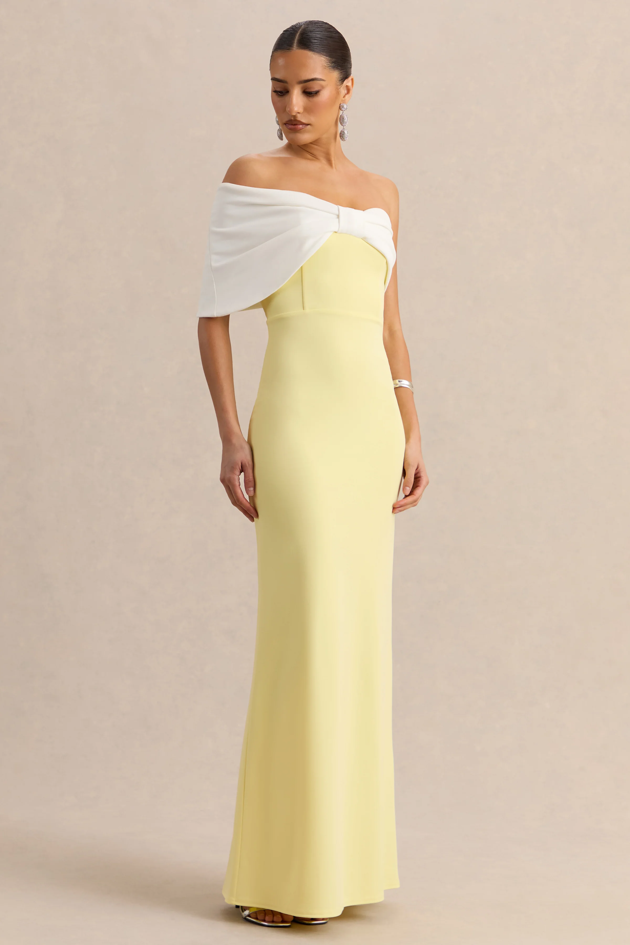 Agatha | Lemon & White Bow Bardot-Neck Maxi Dress - Image 4