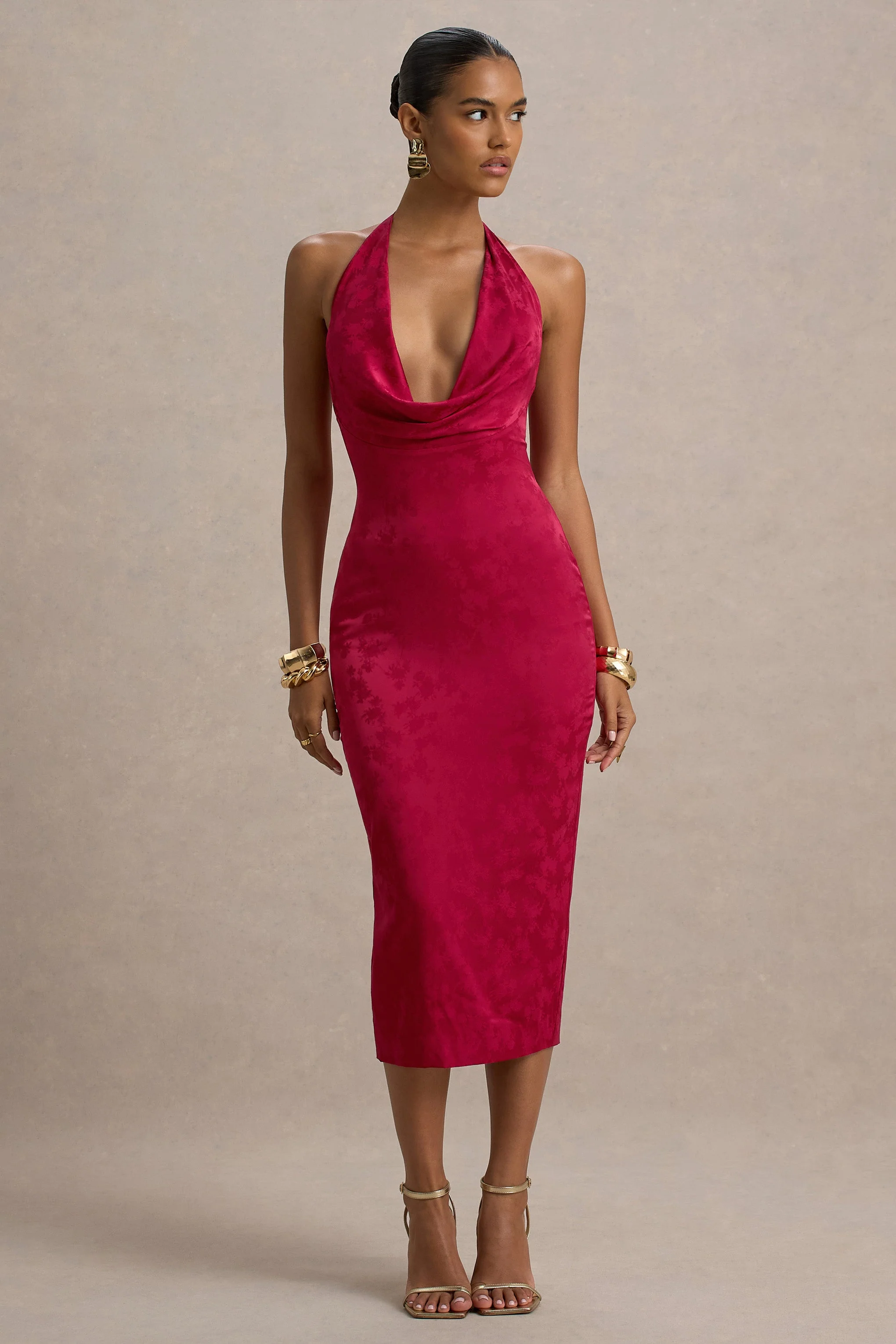 Aine | Red Satin Jacquard Cowl-Neck Midi Dress - Image 11