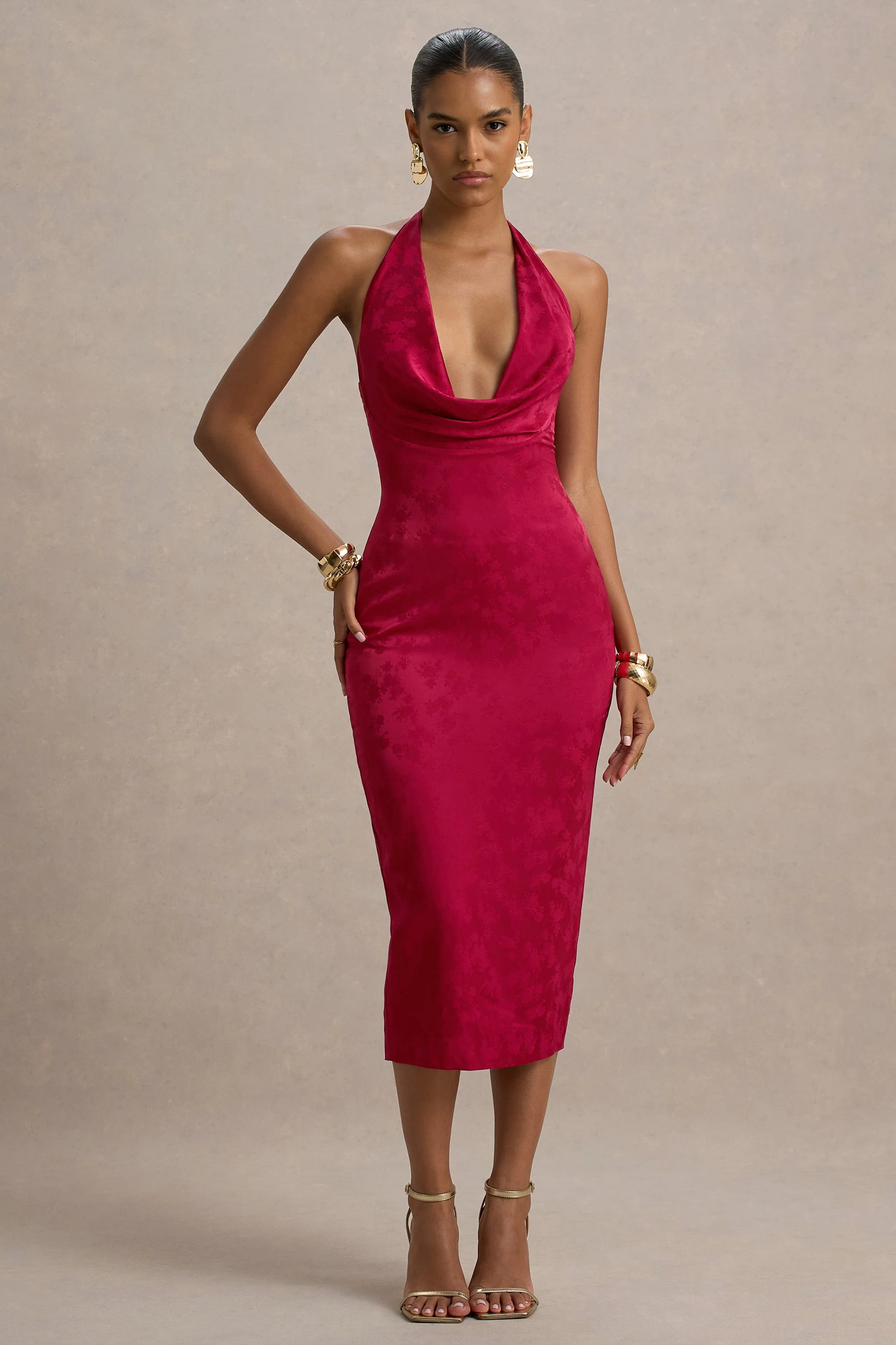 Aine | Red Satin Jacquard Cowl-Neck Midi Dress - Image 7