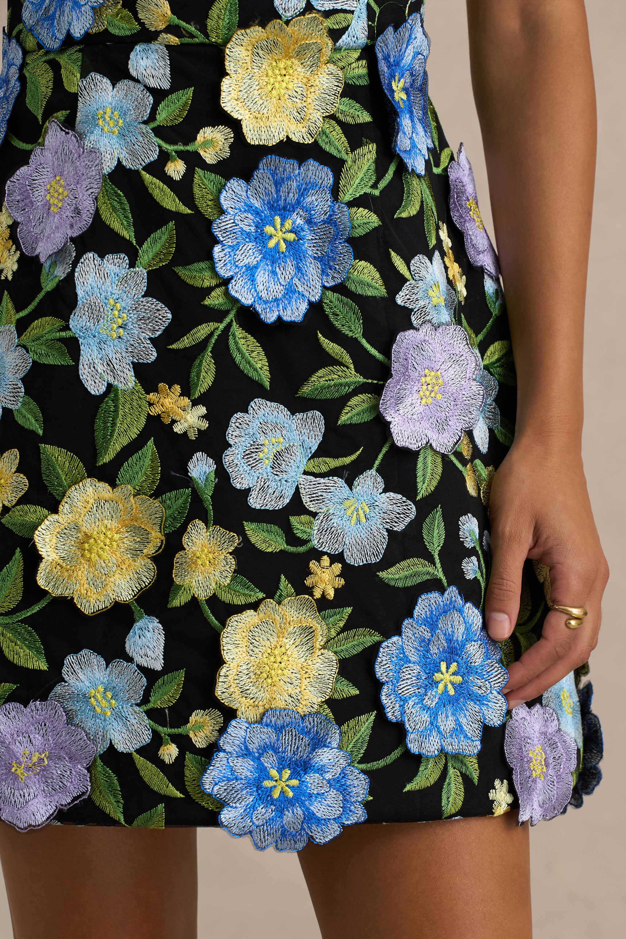 Aisha | Black Floral Embellished Square-Neck Mini Dress - Image 6