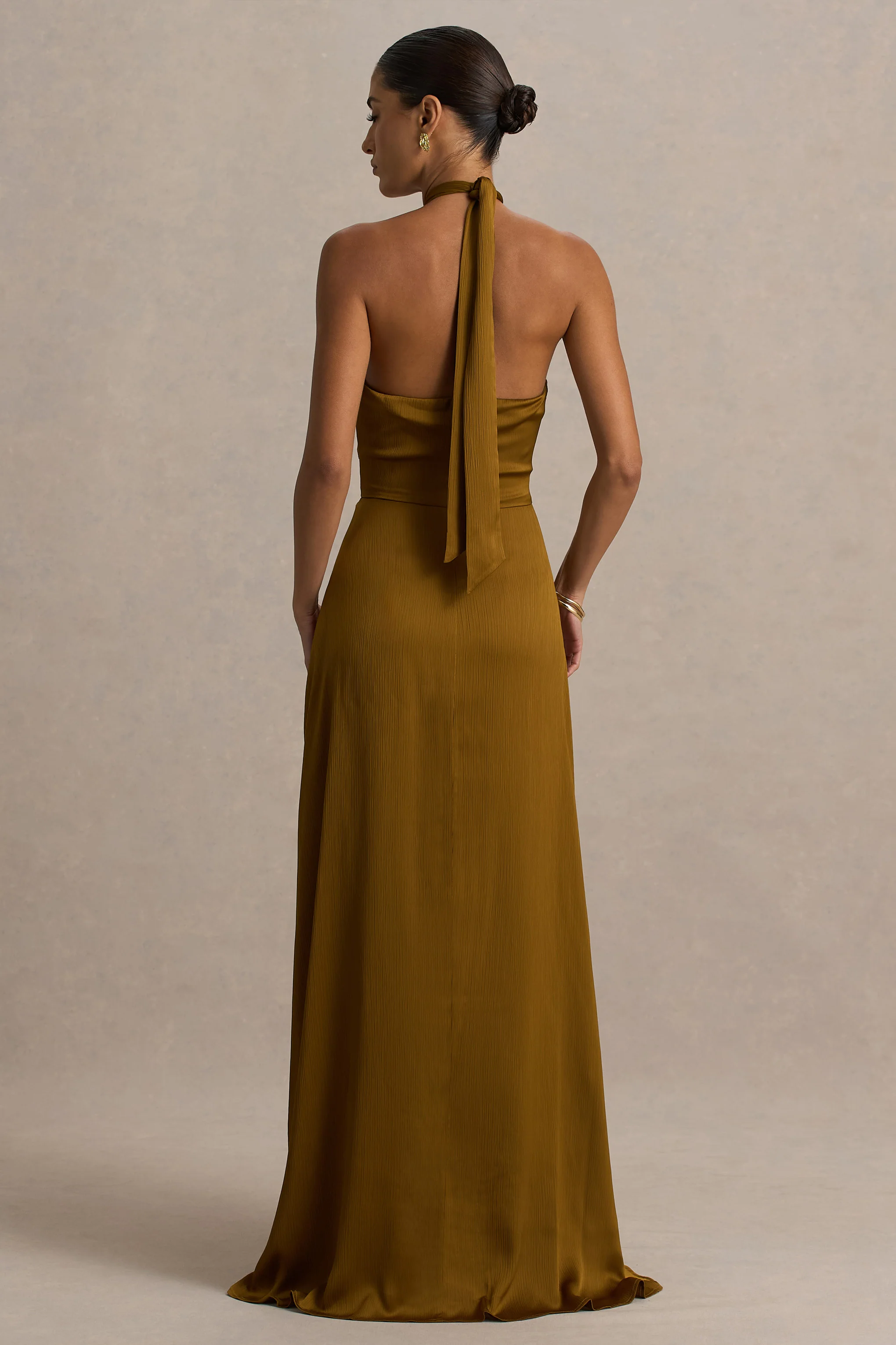 Aleera | Olive Chiffon Halter-Neck Maxi Dress With Cut-Out Detail - Image 2