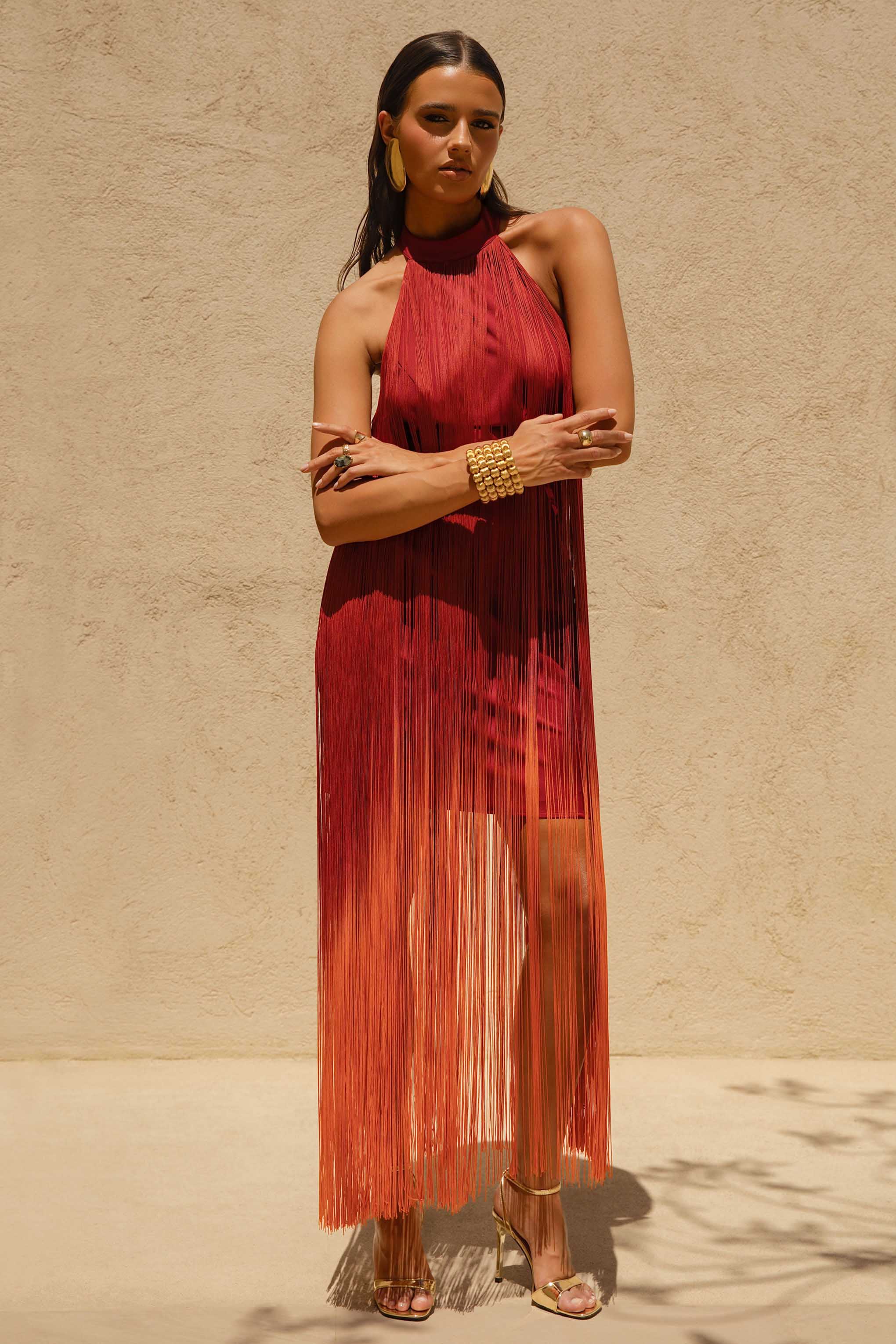 Alessia | Orange Ombre Fringe High-Neck Maxi Dress - Image 6
