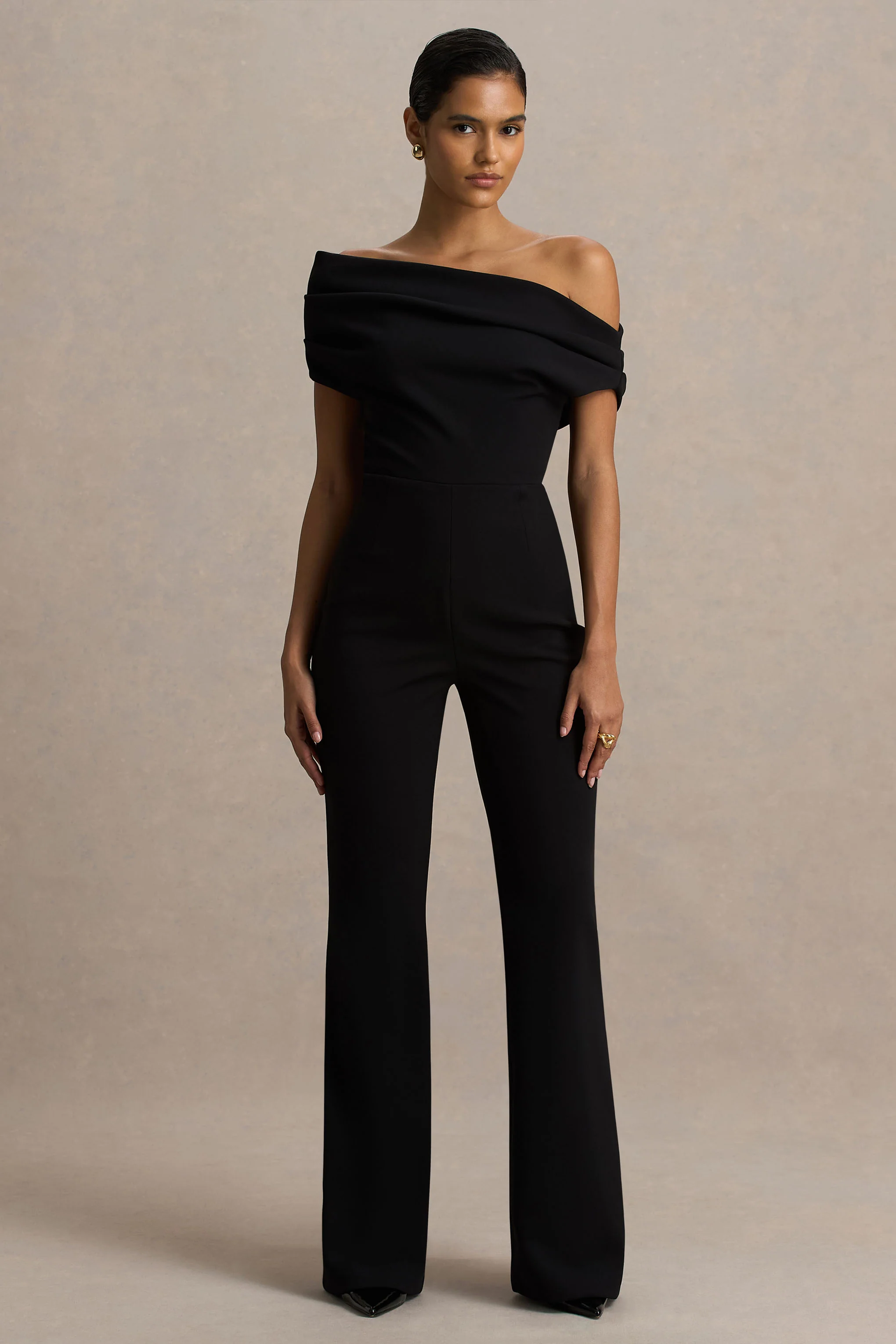 Alexandra | Black Asymmetric-Neck Draped Jumpsuit - Image 4
