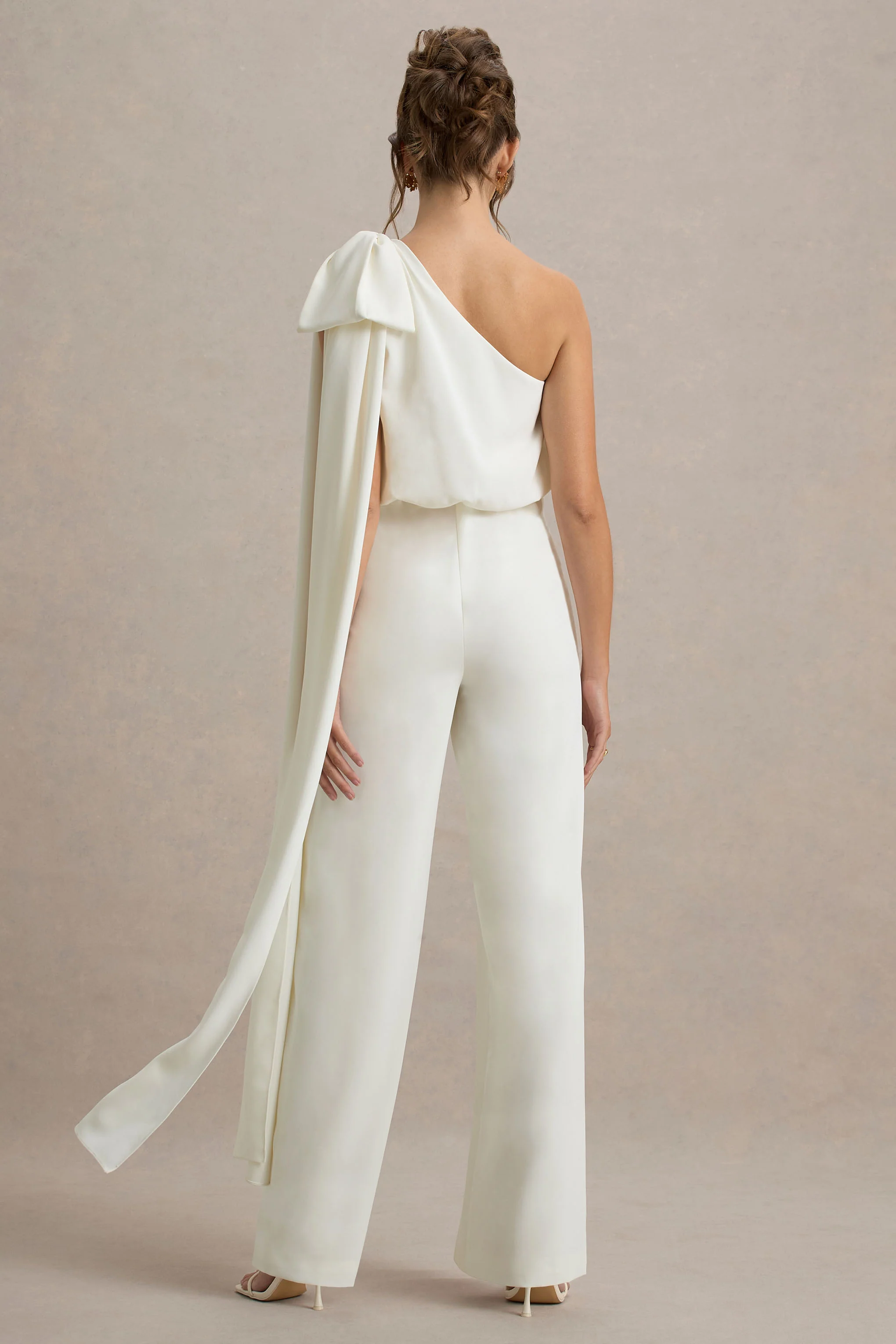 Alice | Cream Asymmetric Bow Shoulder Jumpsuit With Drape - Image 2