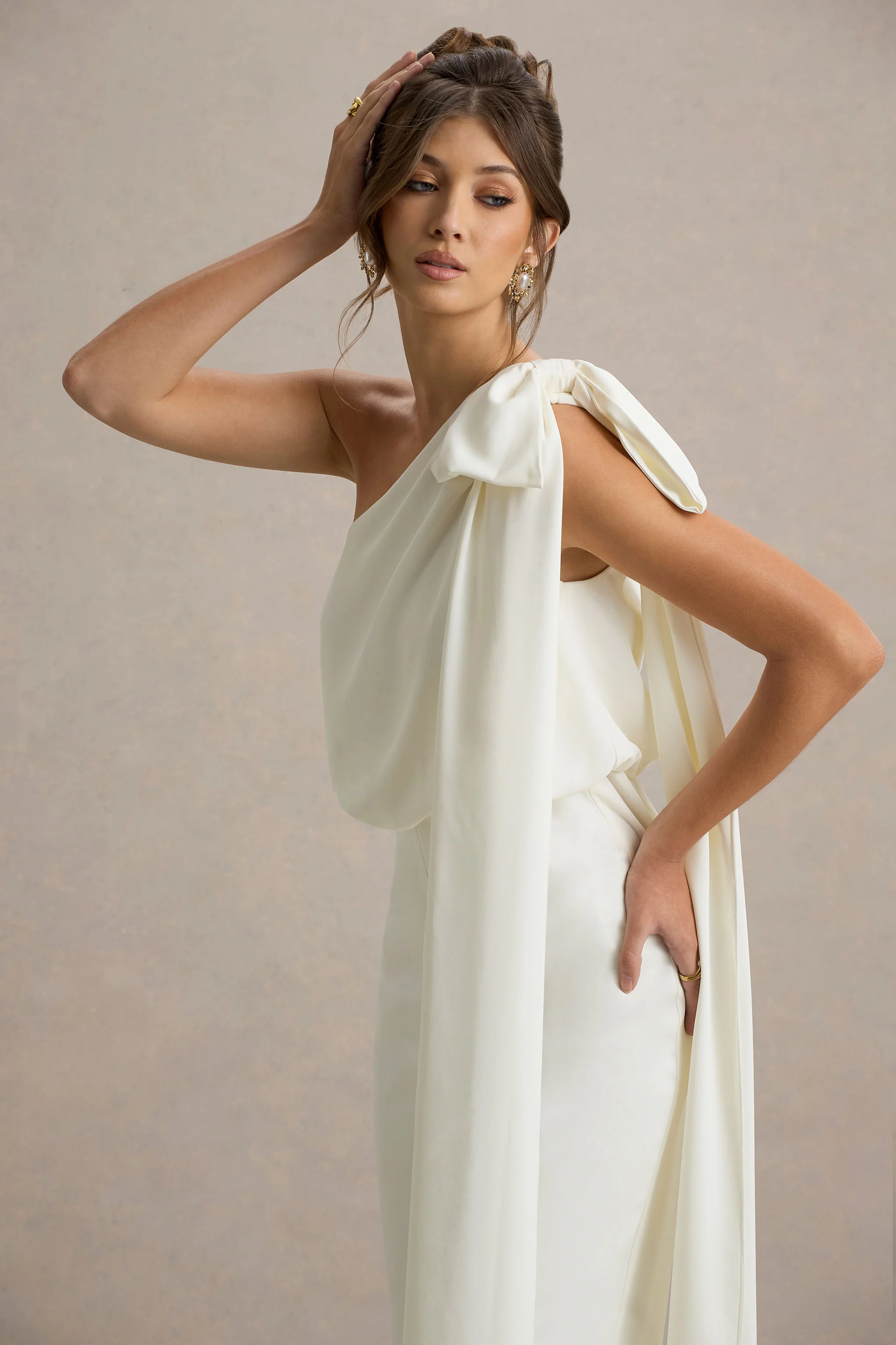 Alice | Cream Asymmetric Bow Shoulder Jumpsuit With Drape - Image 3