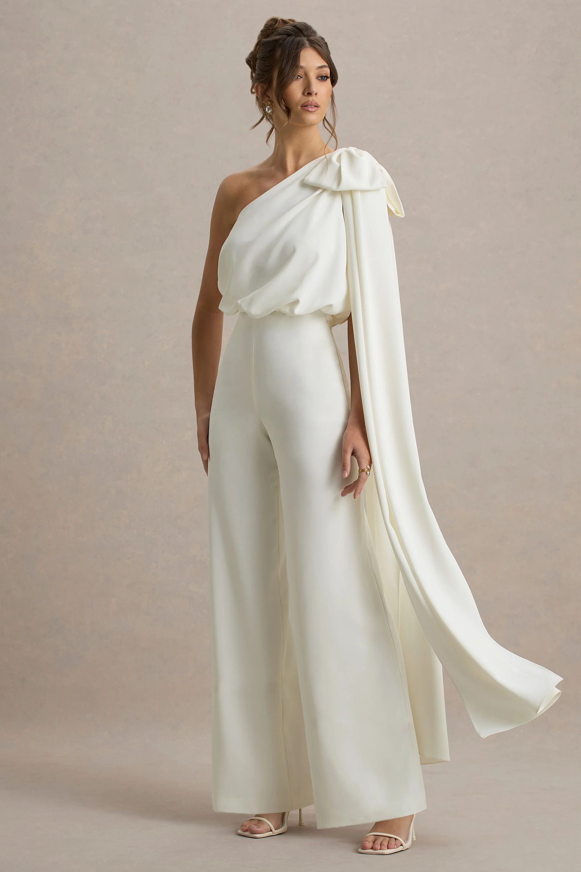 Alice | Cream Asymmetric Bow Shoulder Jumpsuit With Drape - Image 4