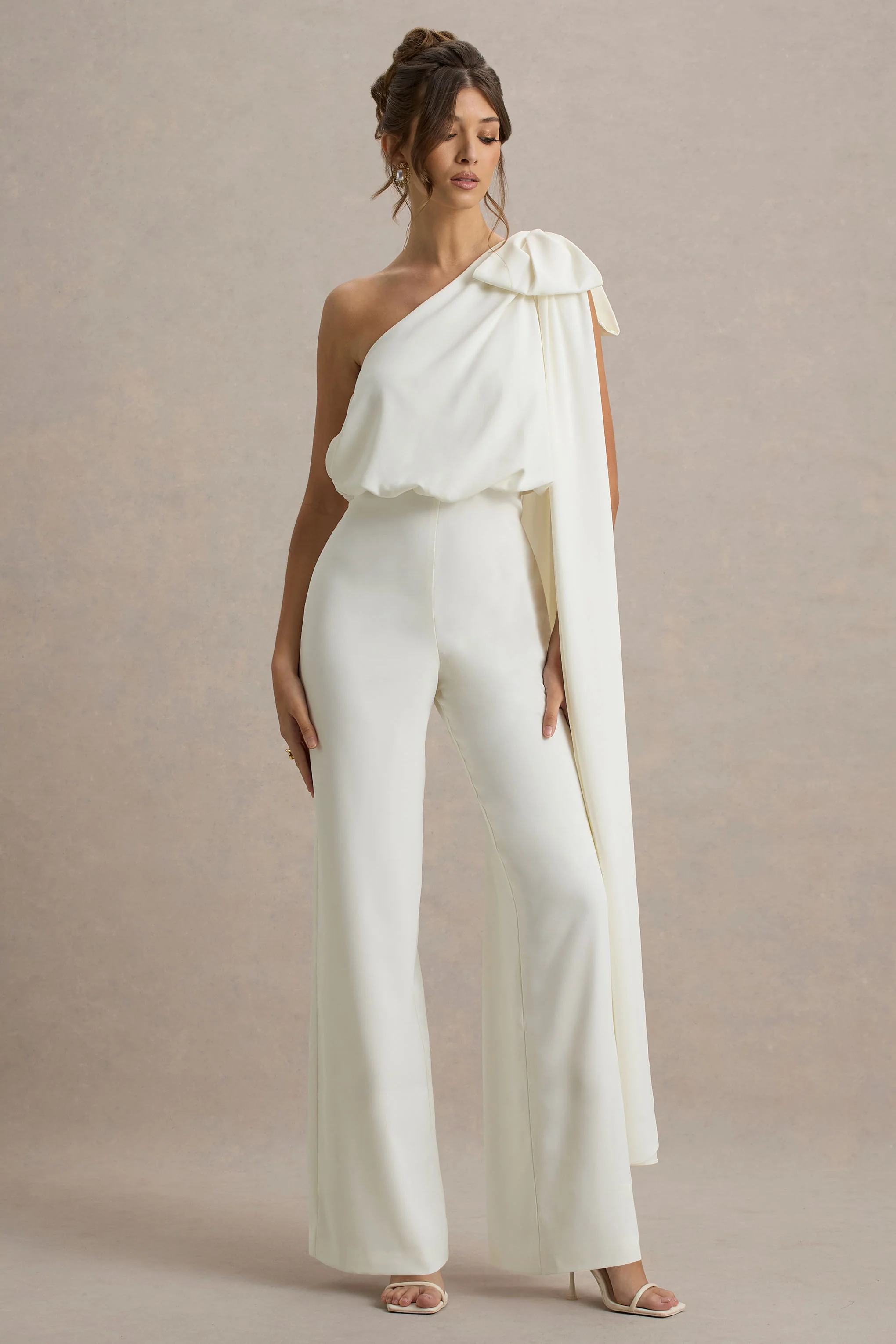 Alice | Cream Asymmetric Bow Shoulder Jumpsuit With Drape - Image 5