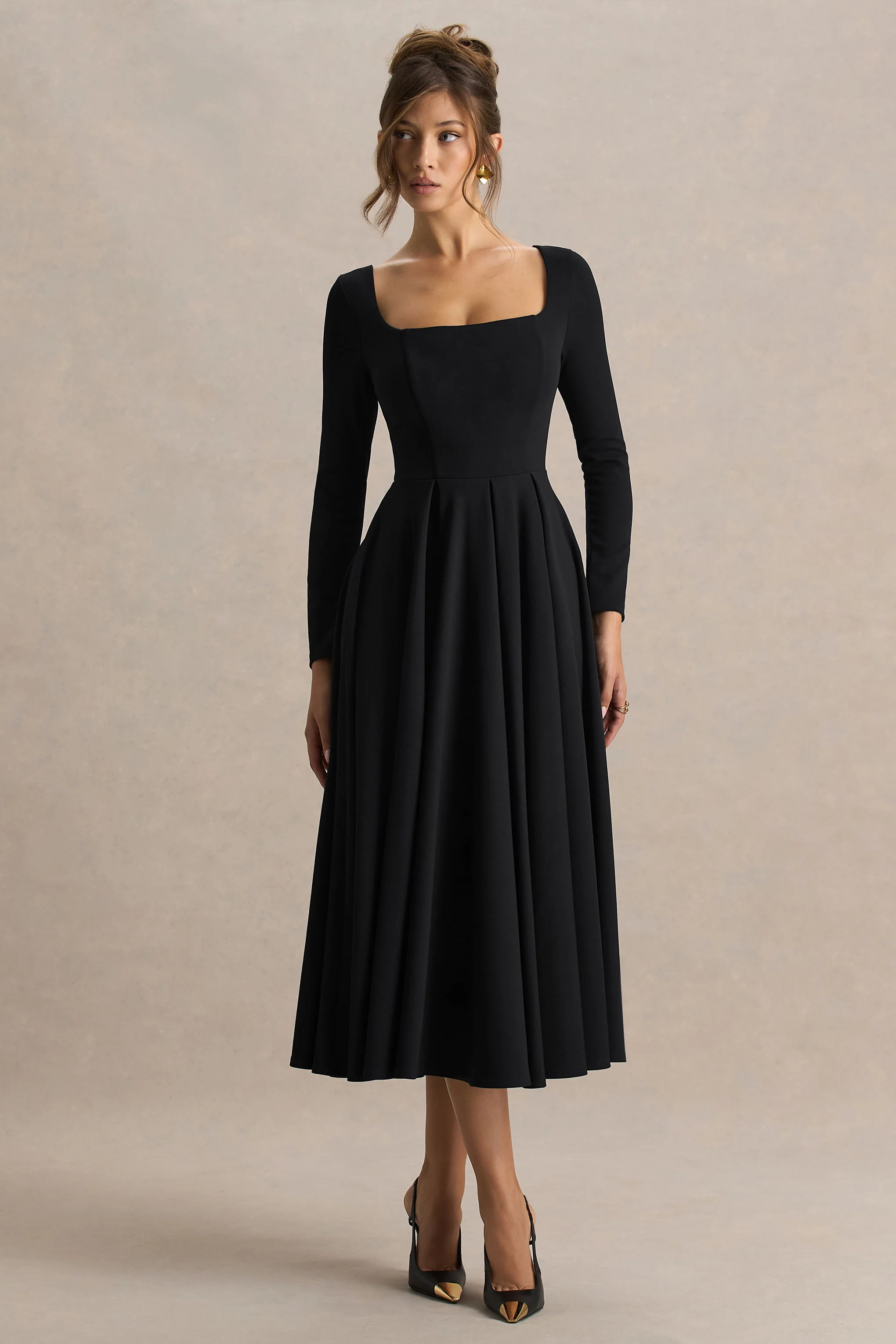 Alison | Black Square-Neck A-Line Midi Dress - Image 4