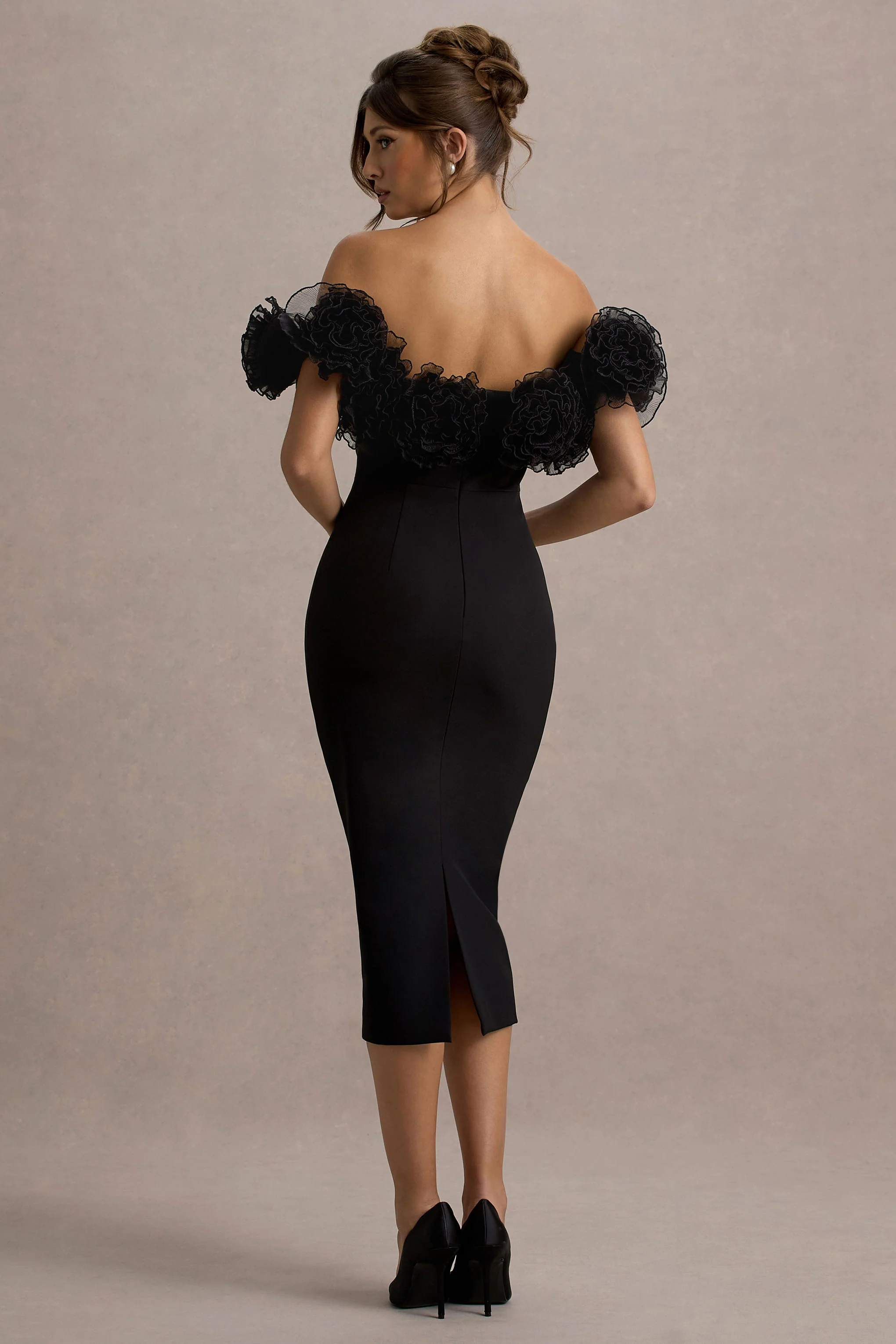 Alizzi | Black Bardot Midi Dress With Ruffle Trim - Image 2