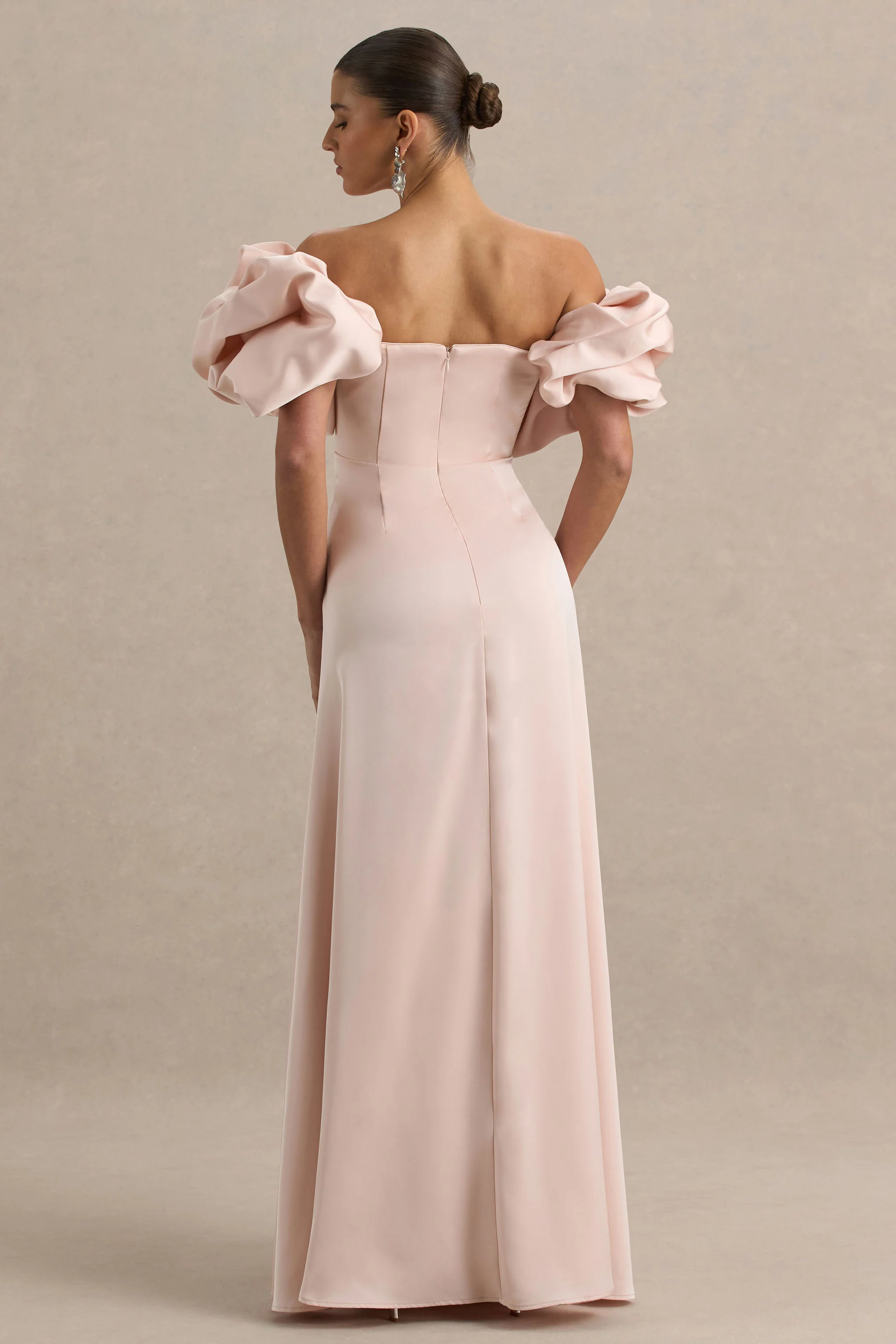 Allie | Pale Pink Puff Bardot Maxi Dress - Image 2