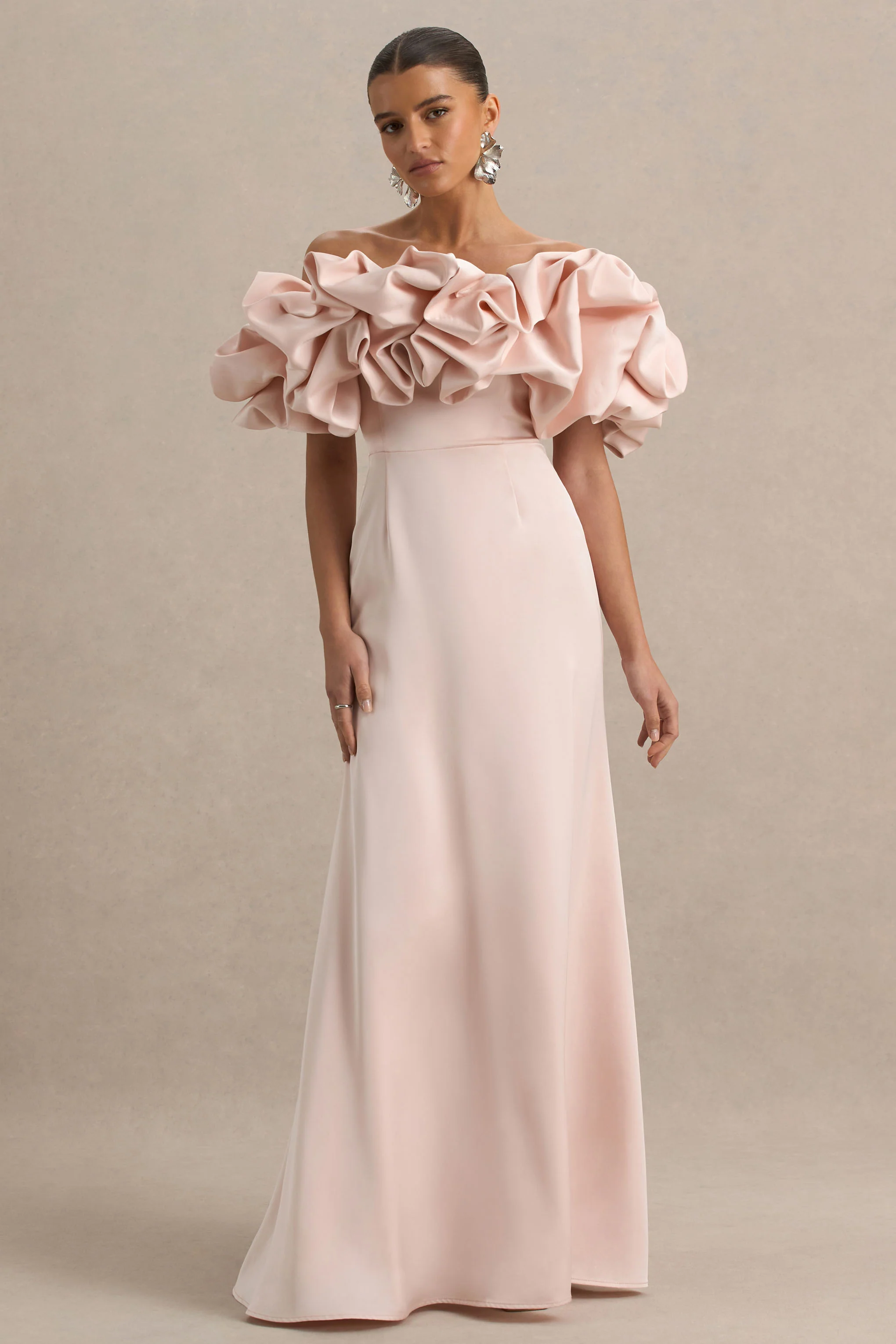 Allie | Pale Pink Puff Bardot Maxi Dress - Image 3