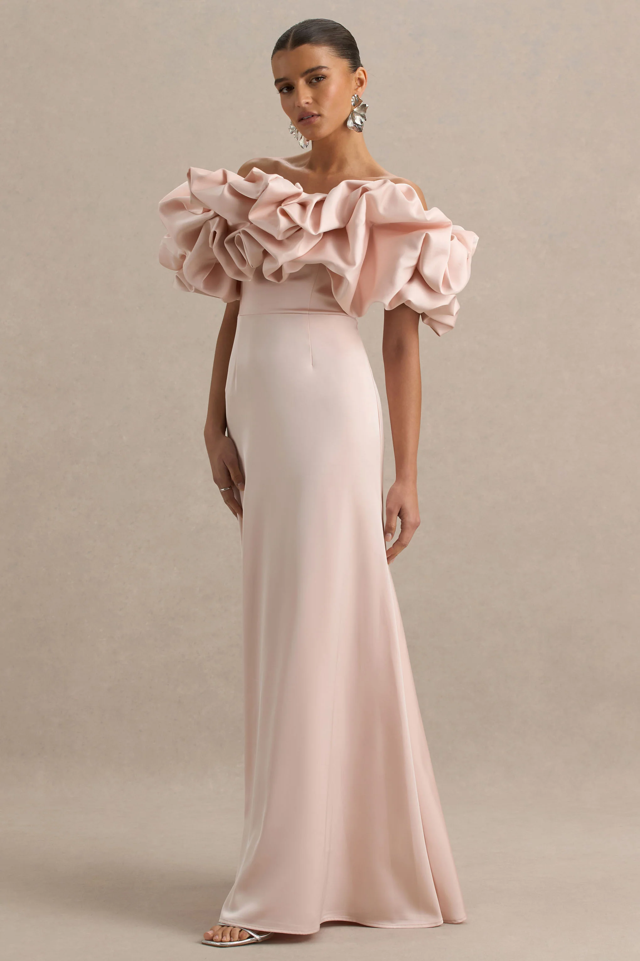 Allie | Pale Pink Puff Bardot Maxi Dress - Image 4