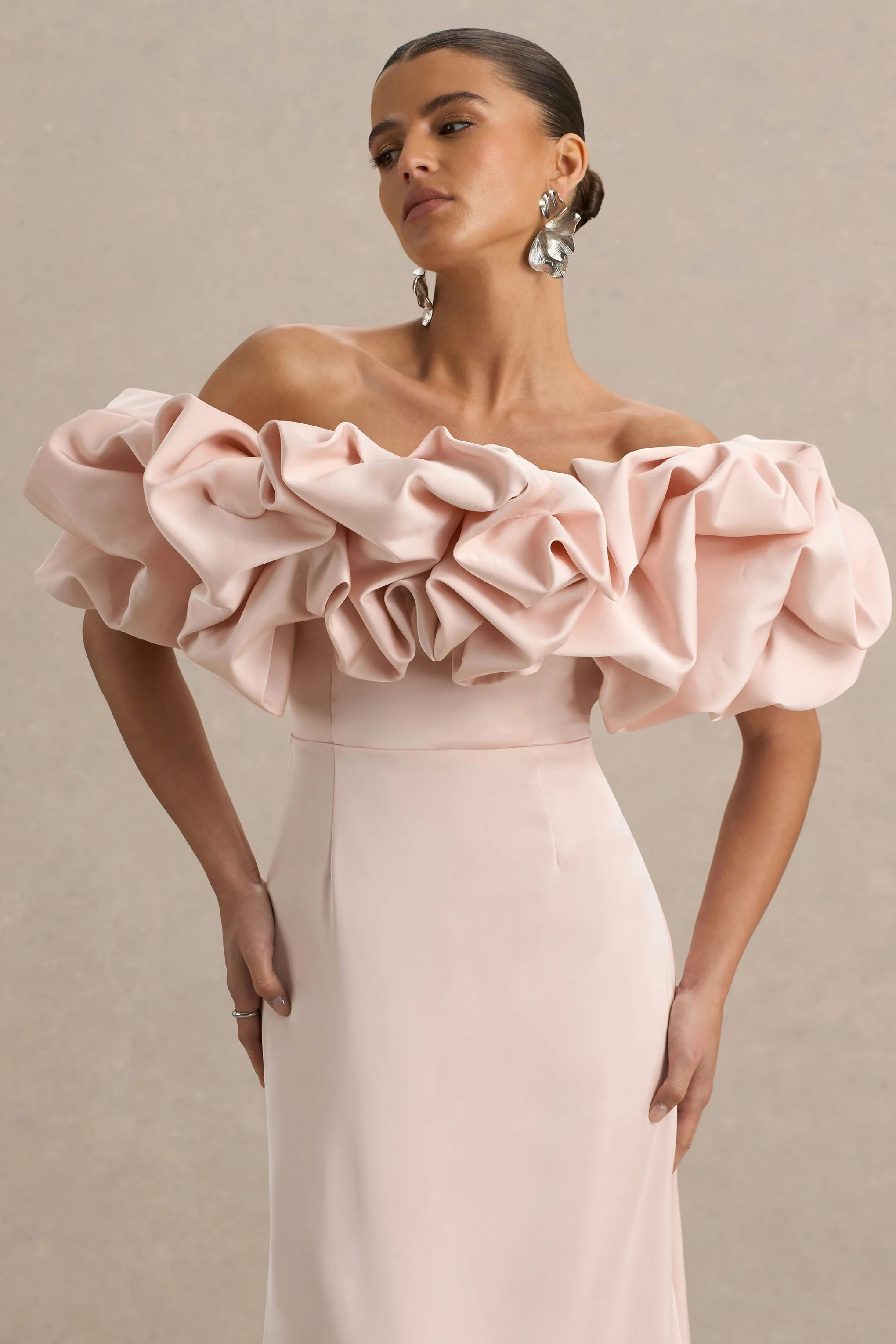 Allie | Pale Pink Puff Bardot Maxi Dress - Image 5