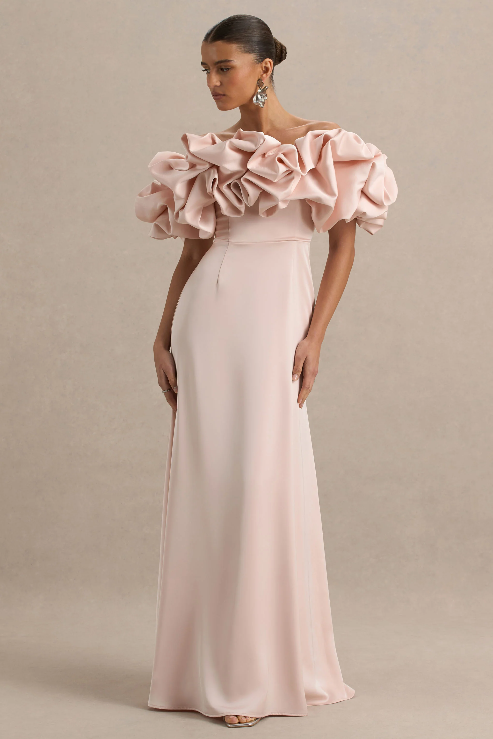Allie | Pale Pink Puff Bardot Maxi Dress - Image 6