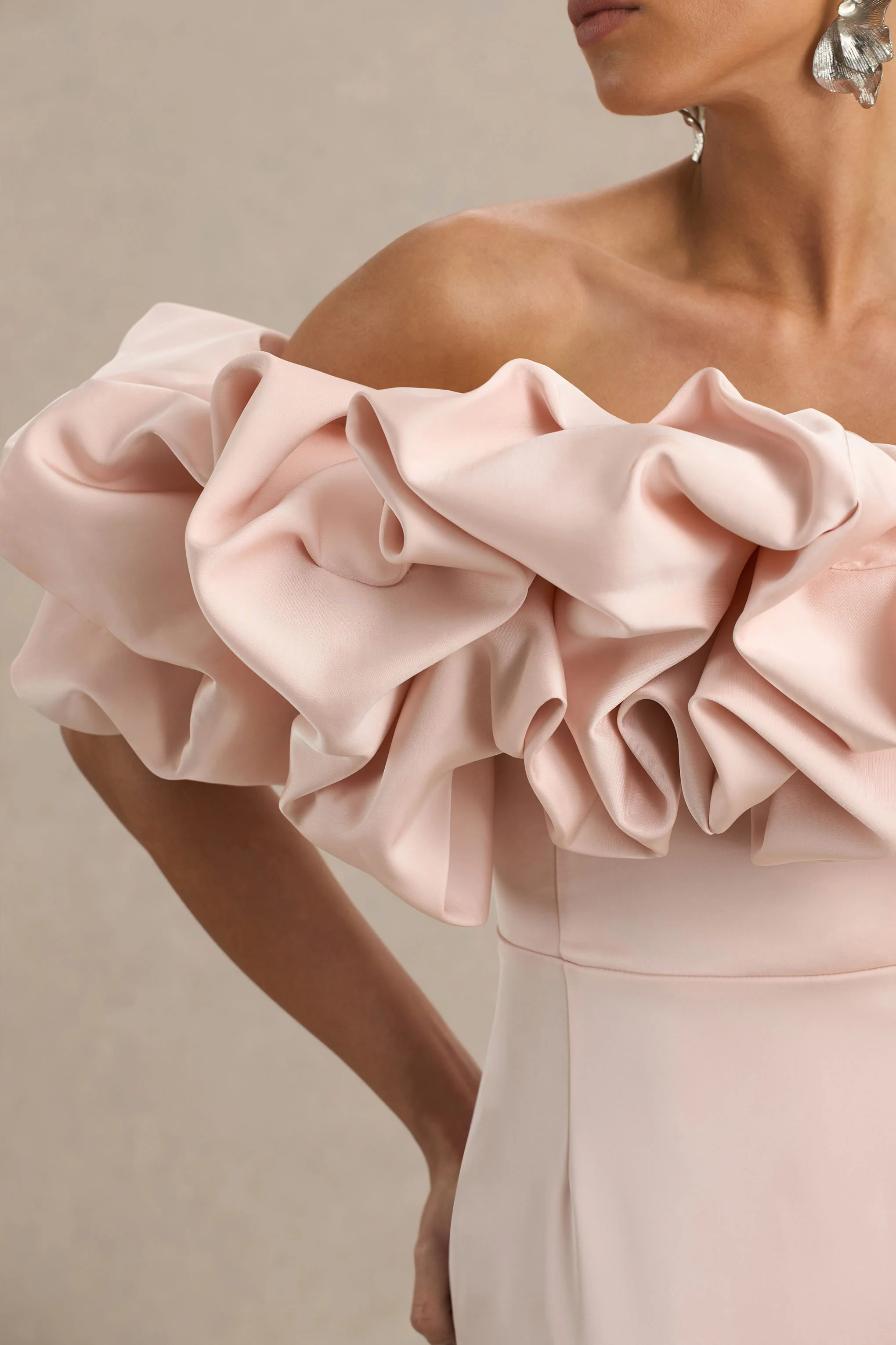 Allie | Pale Pink Puff Bardot Maxi Dress - Image 7