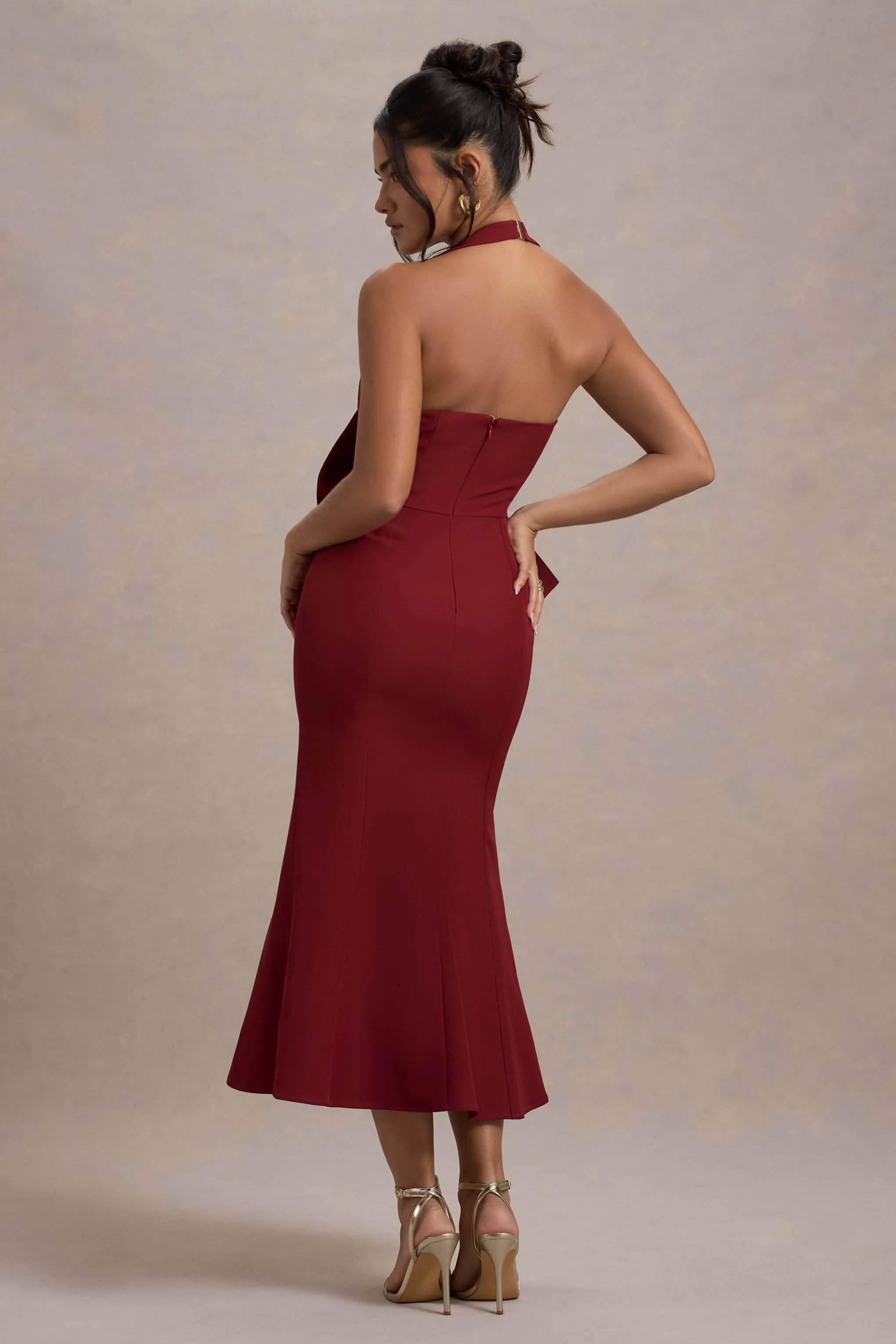 Aman | Berry Halter-Neck Midi Dress With Oversized Bow - Image 2