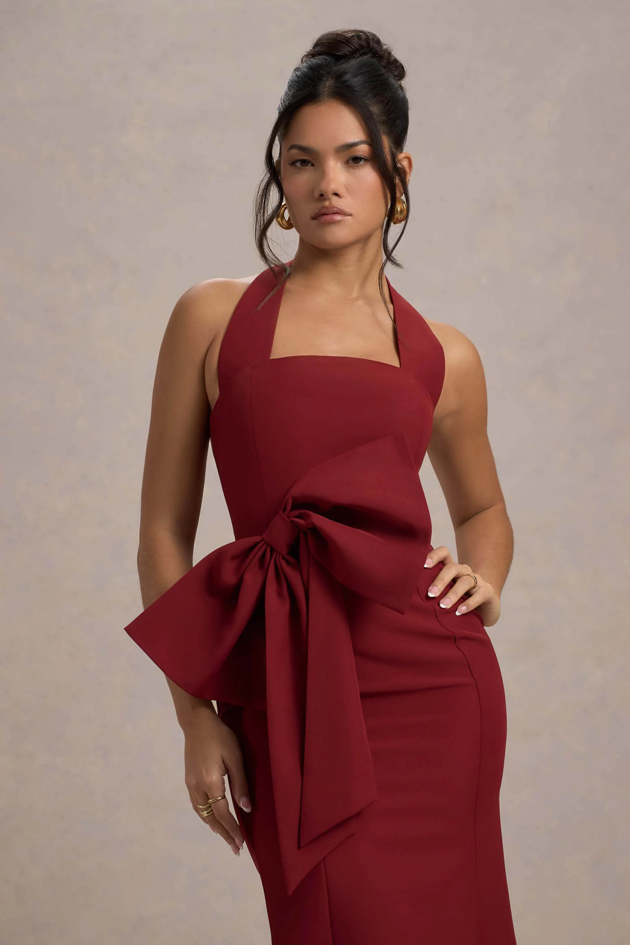 Aman | Berry Halter-Neck Midi Dress With Oversized Bow - Image 4