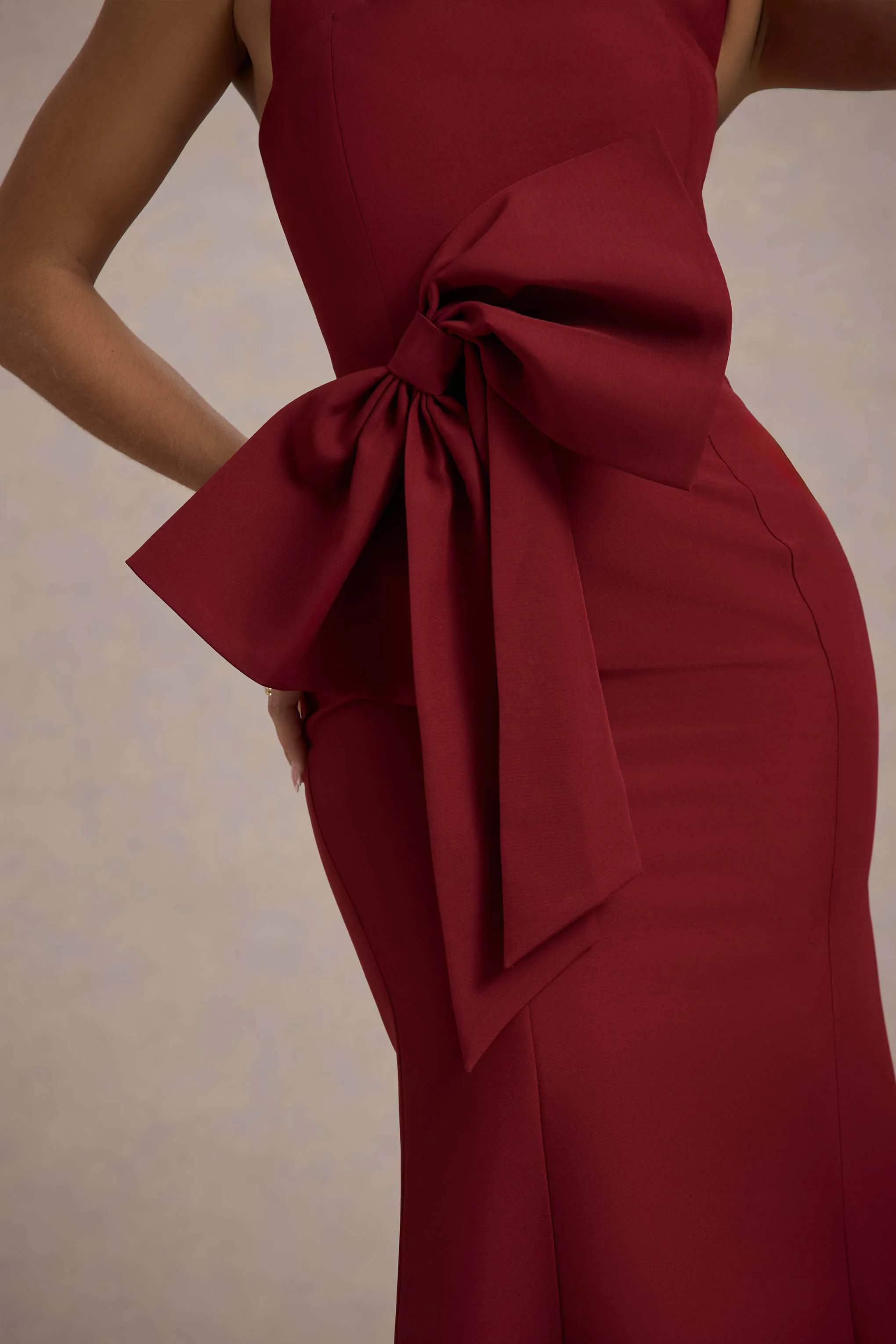 Aman | Berry Halter-Neck Midi Dress With Oversized Bow - Image 5