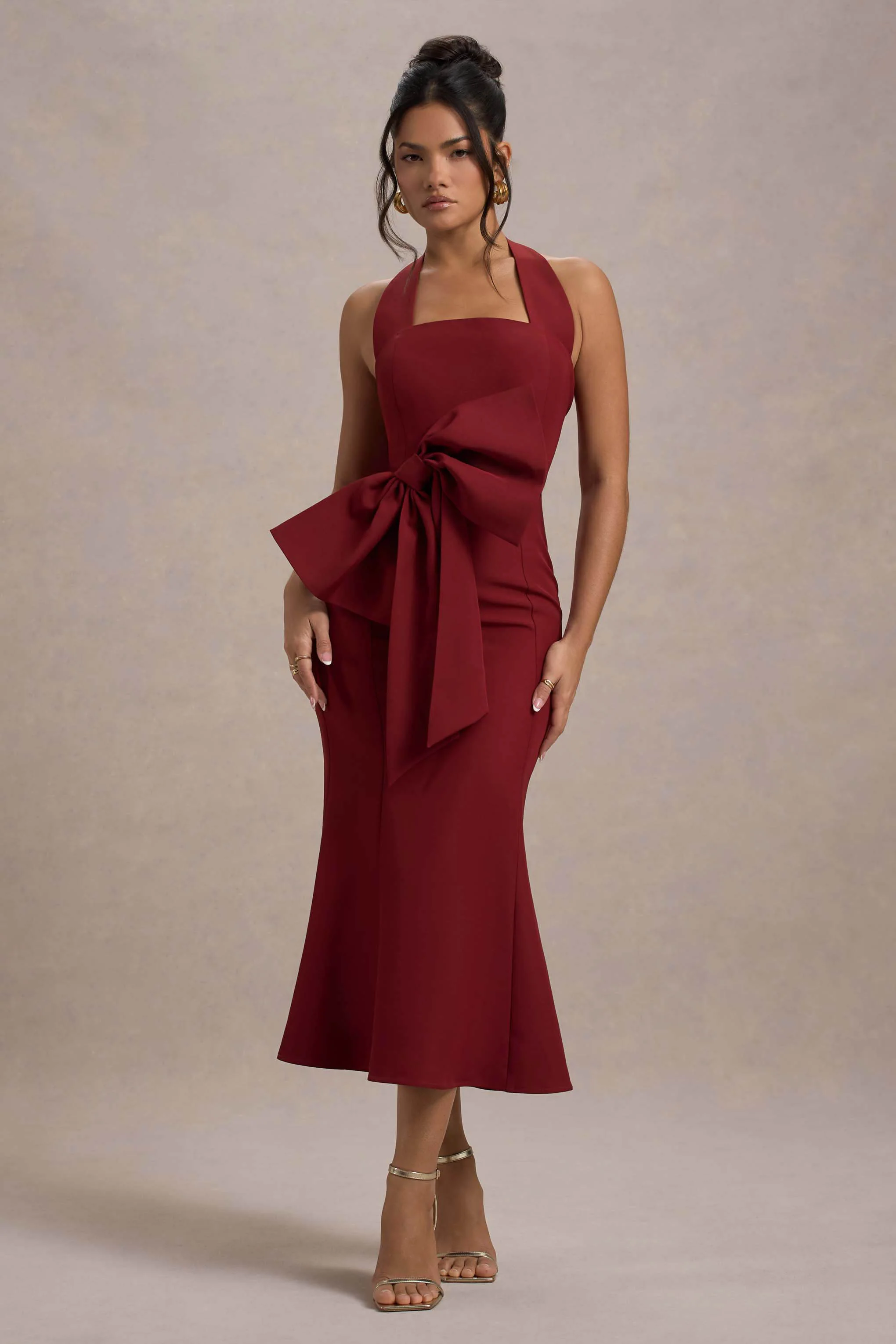 Aman | Berry Halter-Neck Midi Dress With Oversized Bow - Image 6