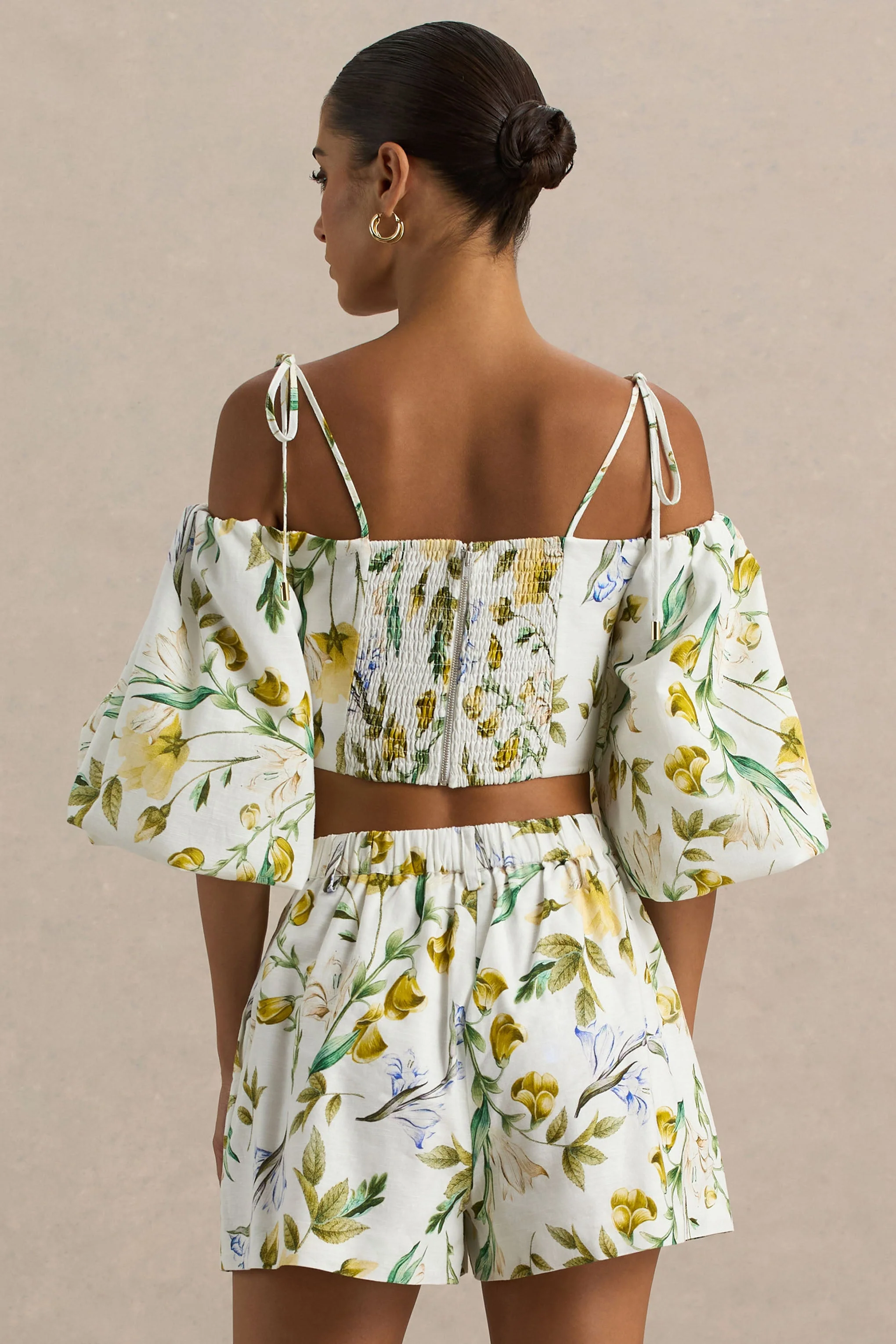 Amberly | Lemon Floral Print Plunge-Neck Ruffled Crop Top - Image 2