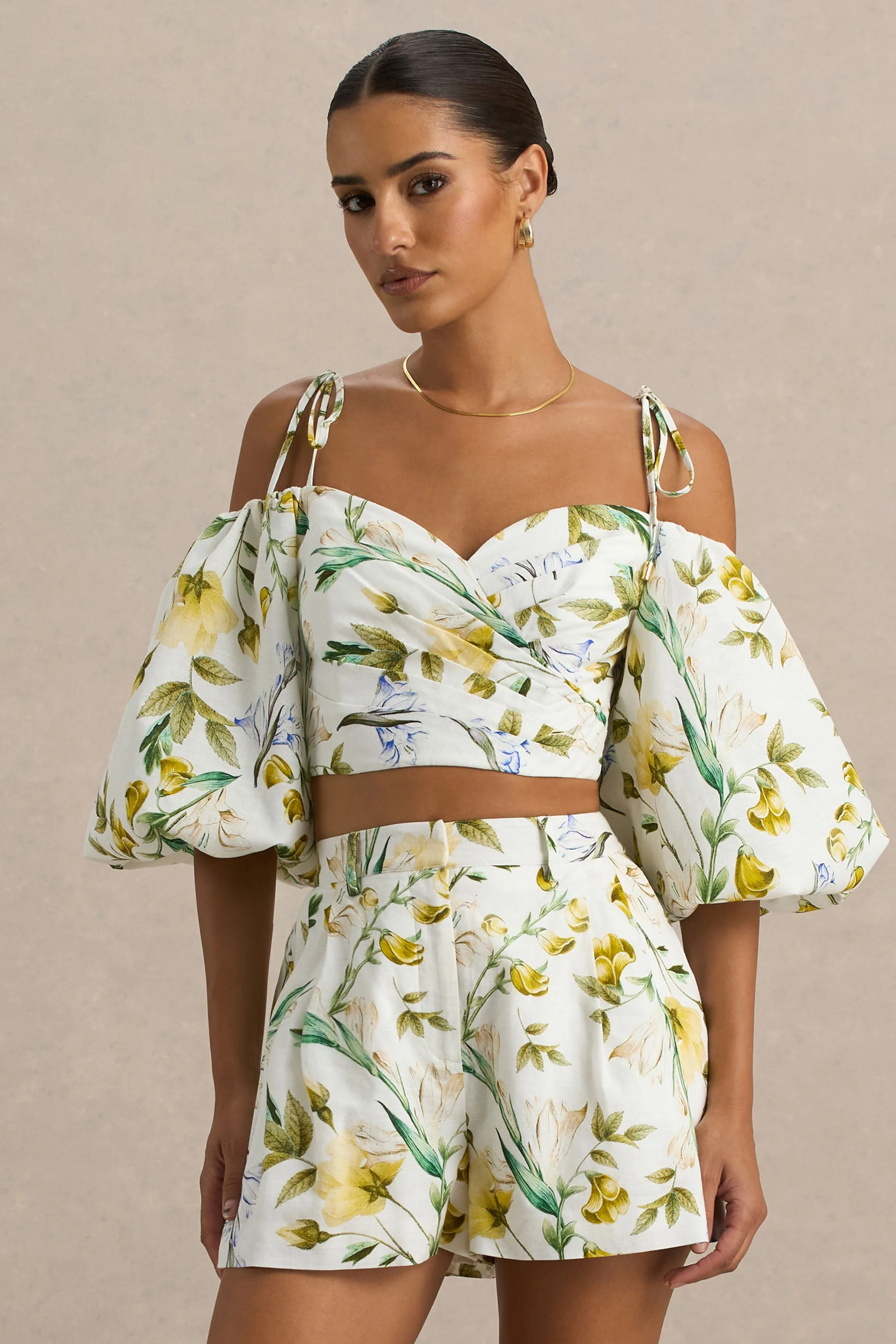 Amberly | Lemon Floral Print Plunge-Neck Ruffled Crop Top - Image 3