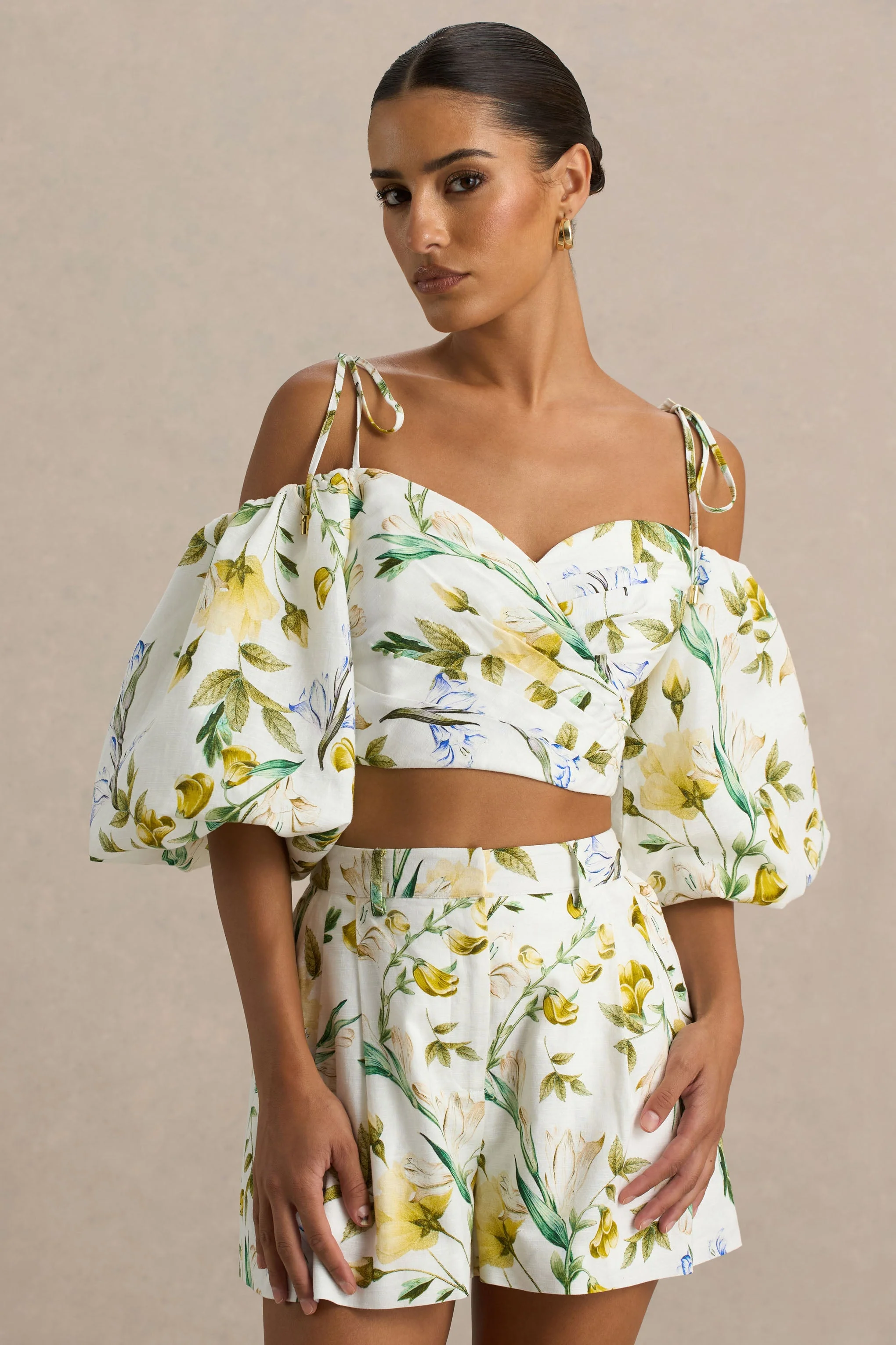 Amberly | Lemon Floral Print Plunge-Neck Ruffled Crop Top - Image 4