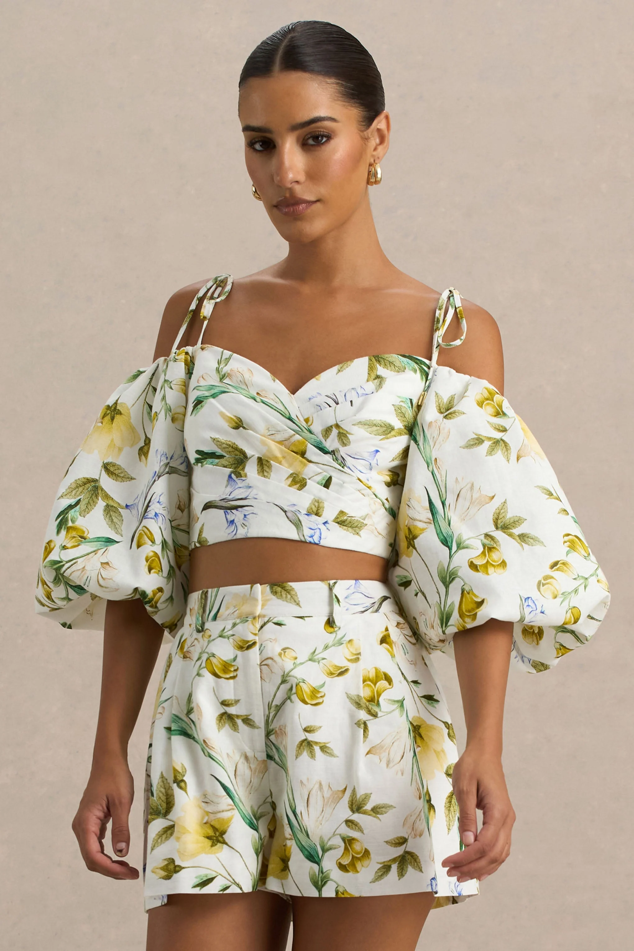 Amberly | Lemon Floral Print Plunge-Neck Ruffled Crop Top - Image 7