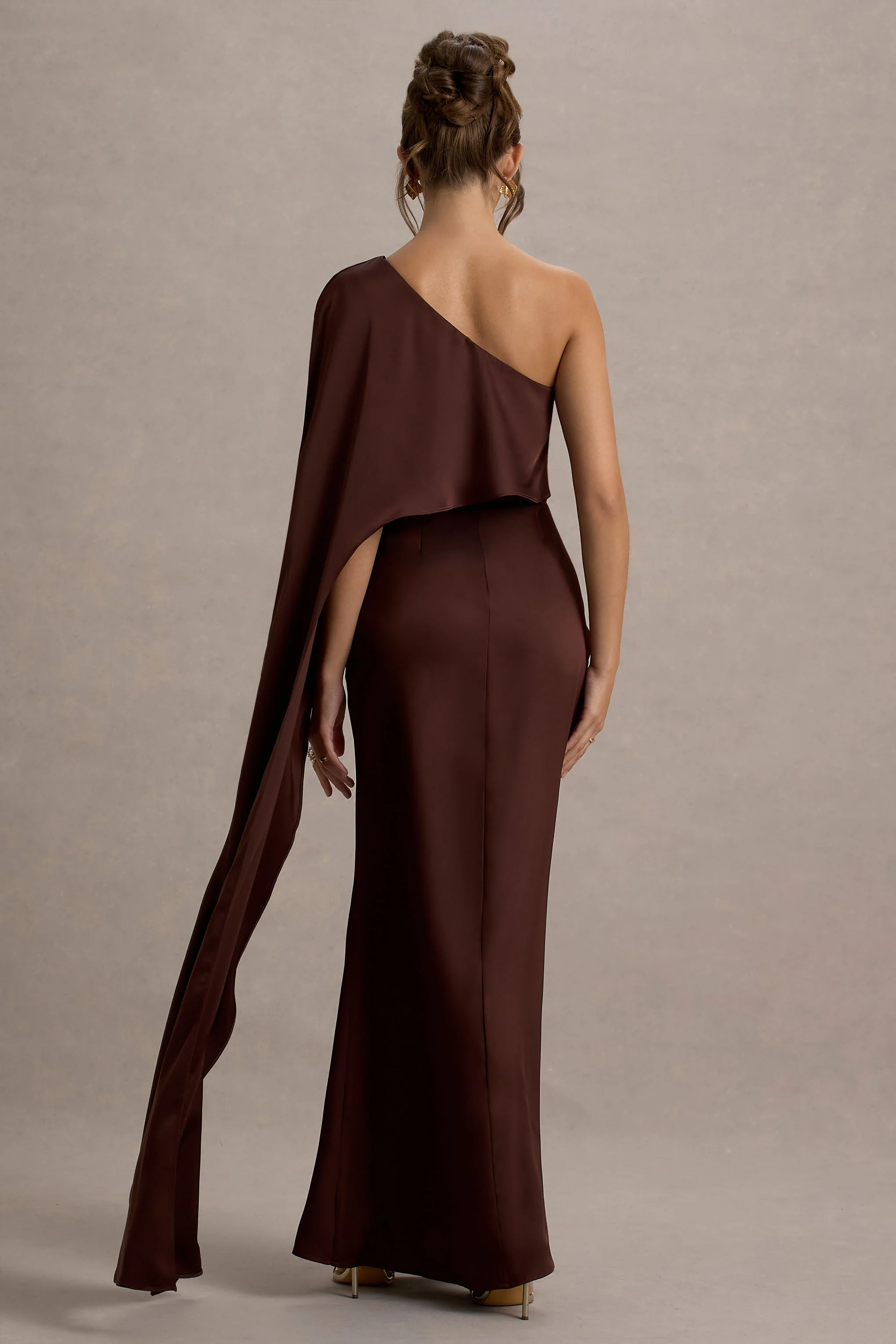 Amora | Brown Satin Asymmetric Cape-Sleeve Split Maxi Dress - Image 2