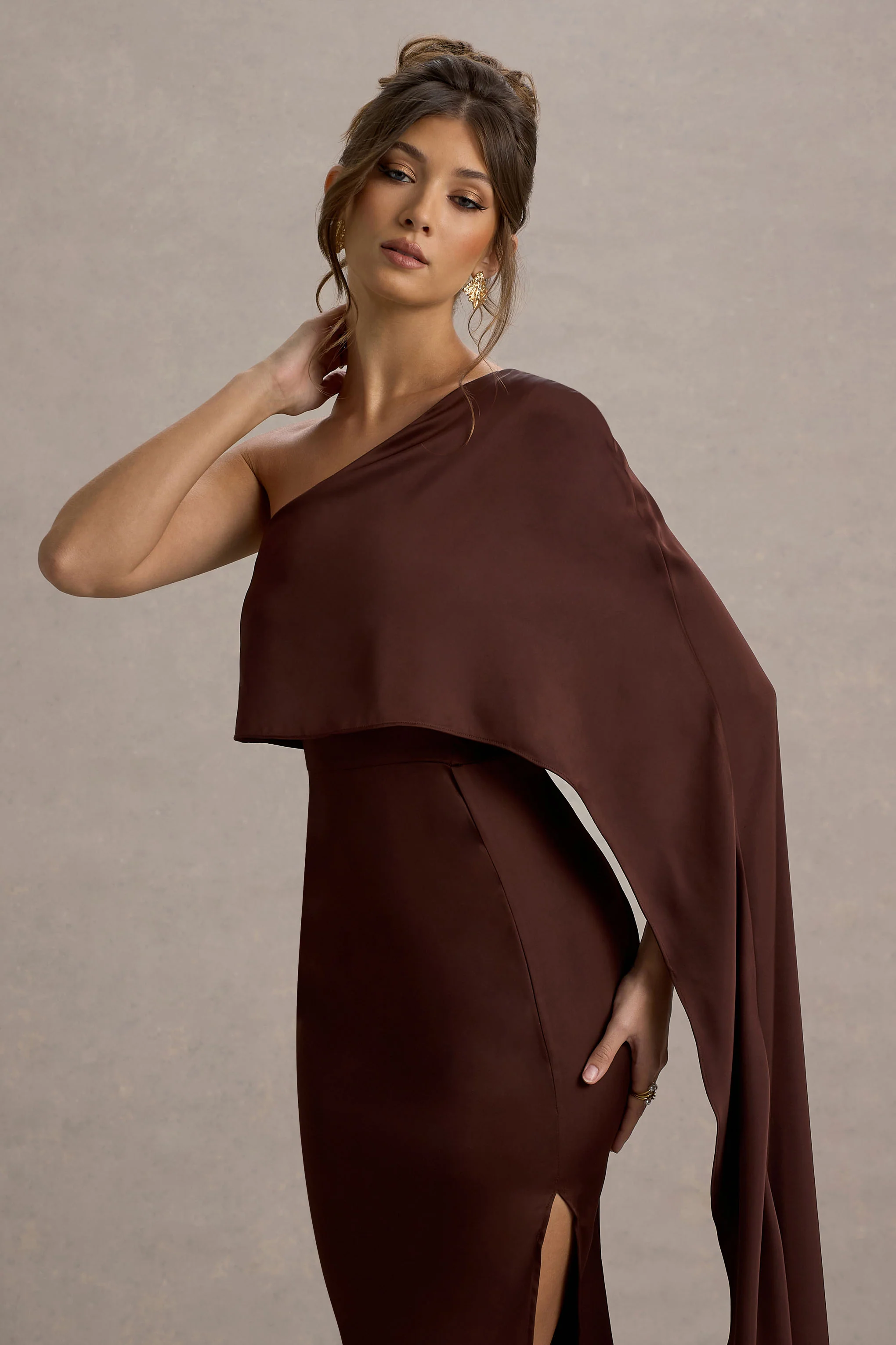 Amora | Brown Satin Asymmetric Cape-Sleeve Split Maxi Dress - Image 3