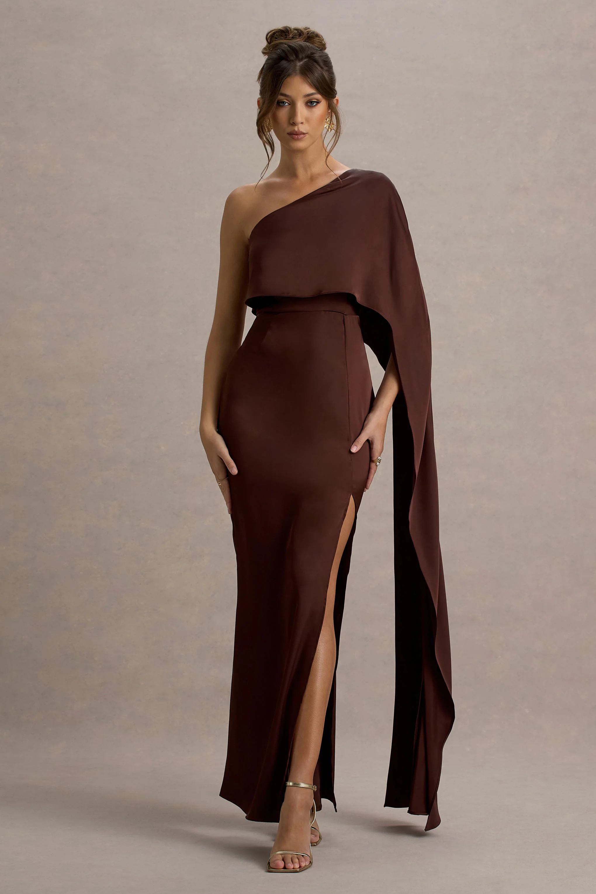 Amora | Brown Satin Asymmetric Cape-Sleeve Split Maxi Dress - Image 4