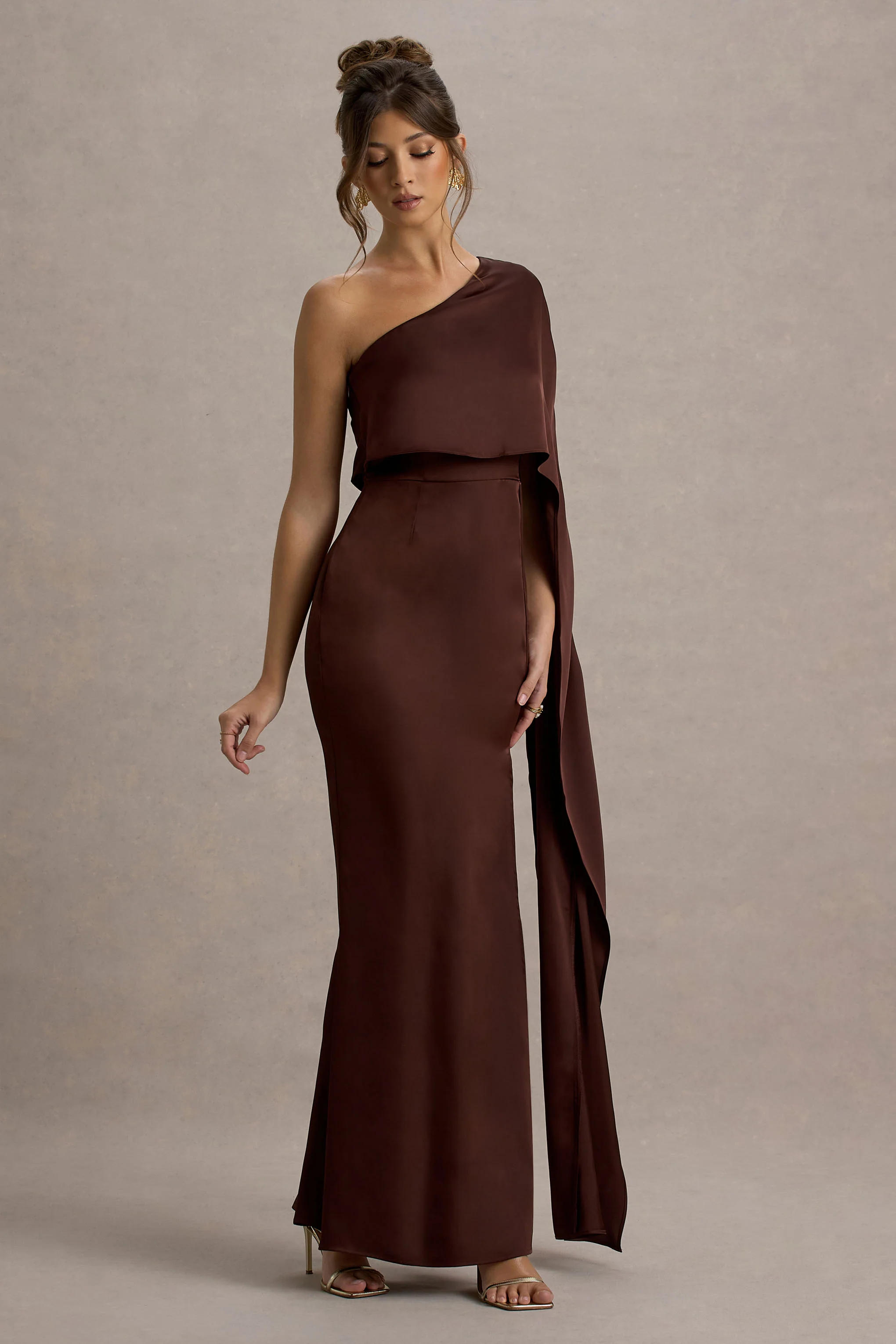 Amora | Brown Satin Asymmetric Cape-Sleeve Split Maxi Dress - Image 5