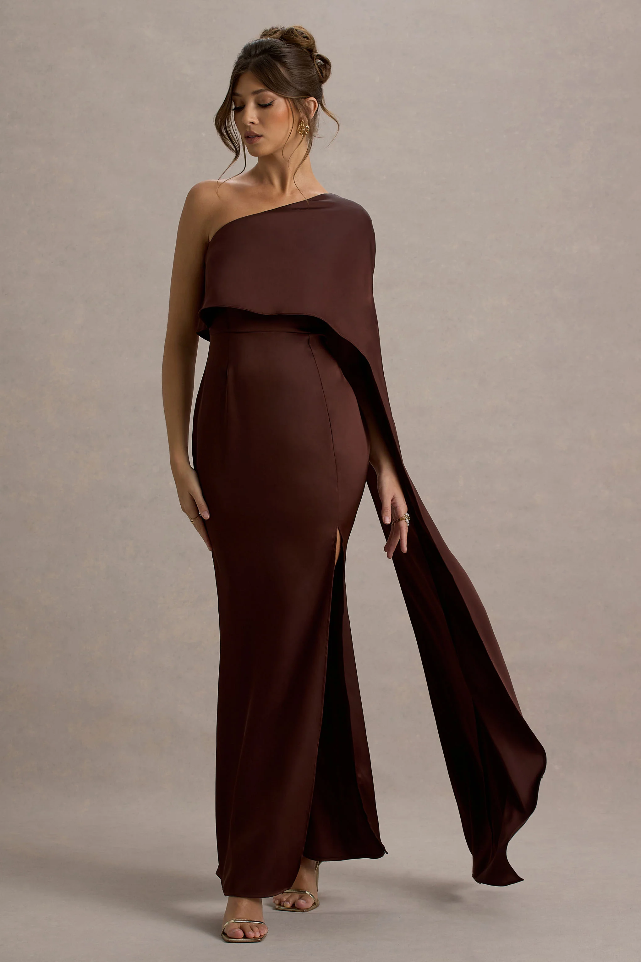 Amora | Brown Satin Asymmetric Cape-Sleeve Split Maxi Dress - Image 6