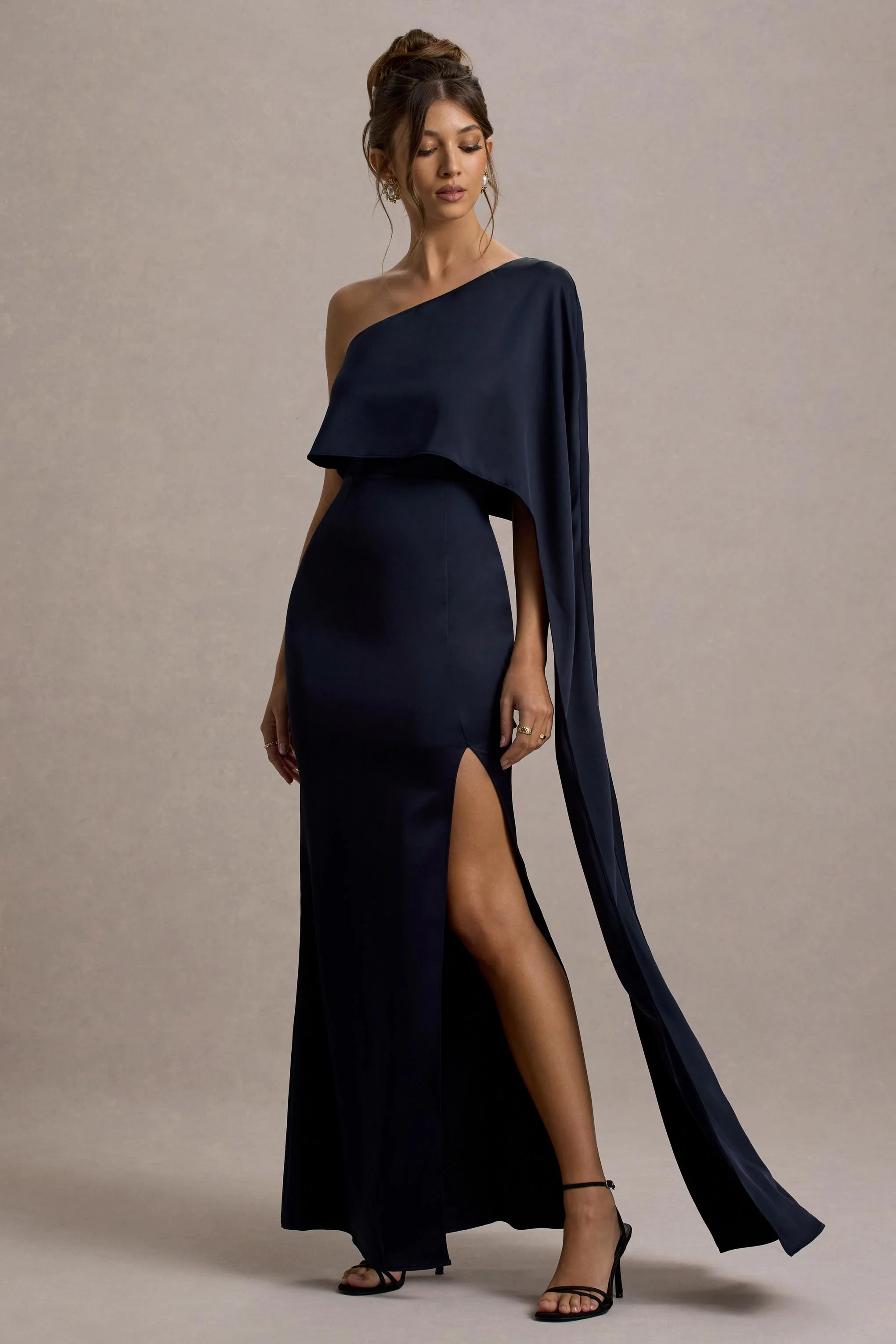 Amora | Navy Satin Asymmetric Cape-Sleeve Split Maxi Dress - Image 5