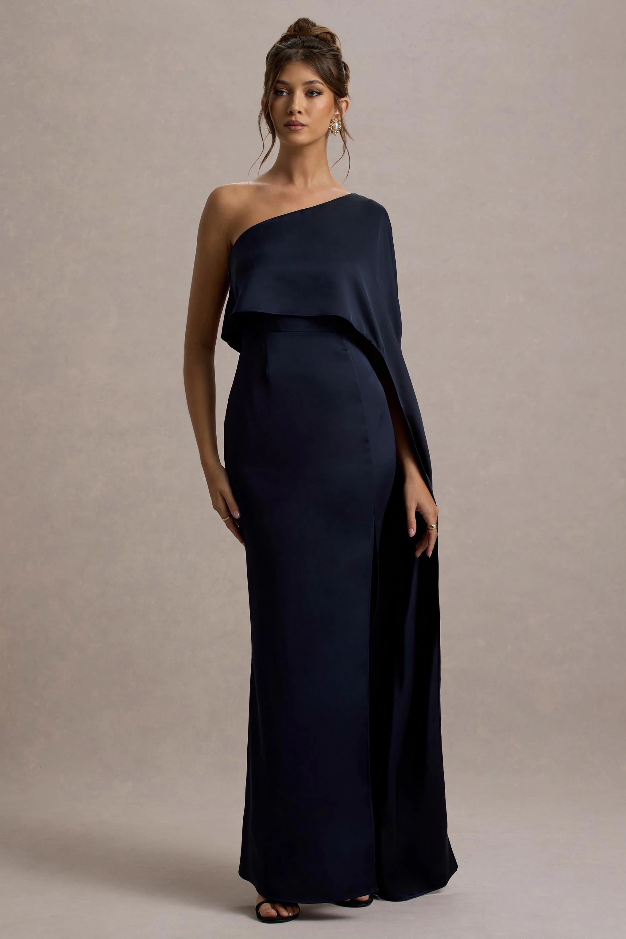 Amora | Navy Satin Asymmetric Cape-Sleeve Split Maxi Dress - Image 6