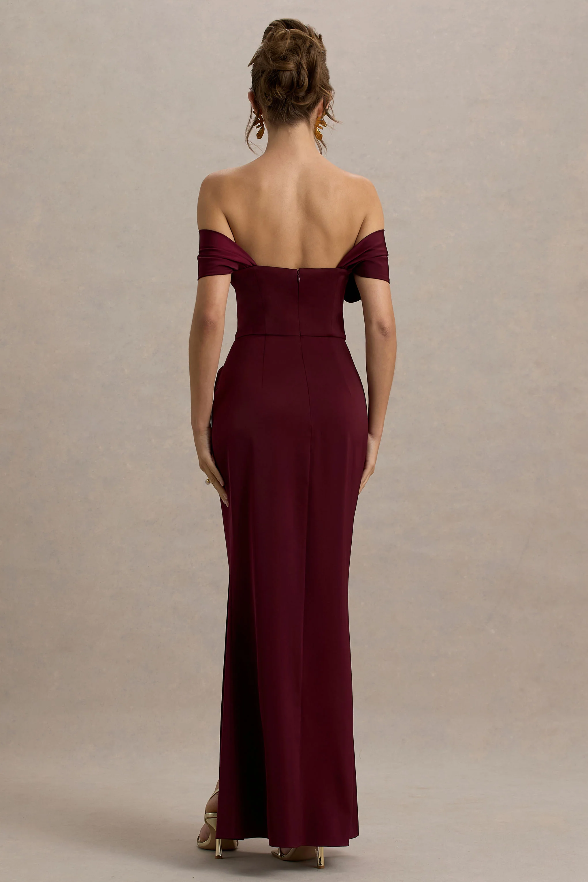 Annie | Burgundy Satin Bardot Maxi Dress With Split Wrap Skirt - Image 2
