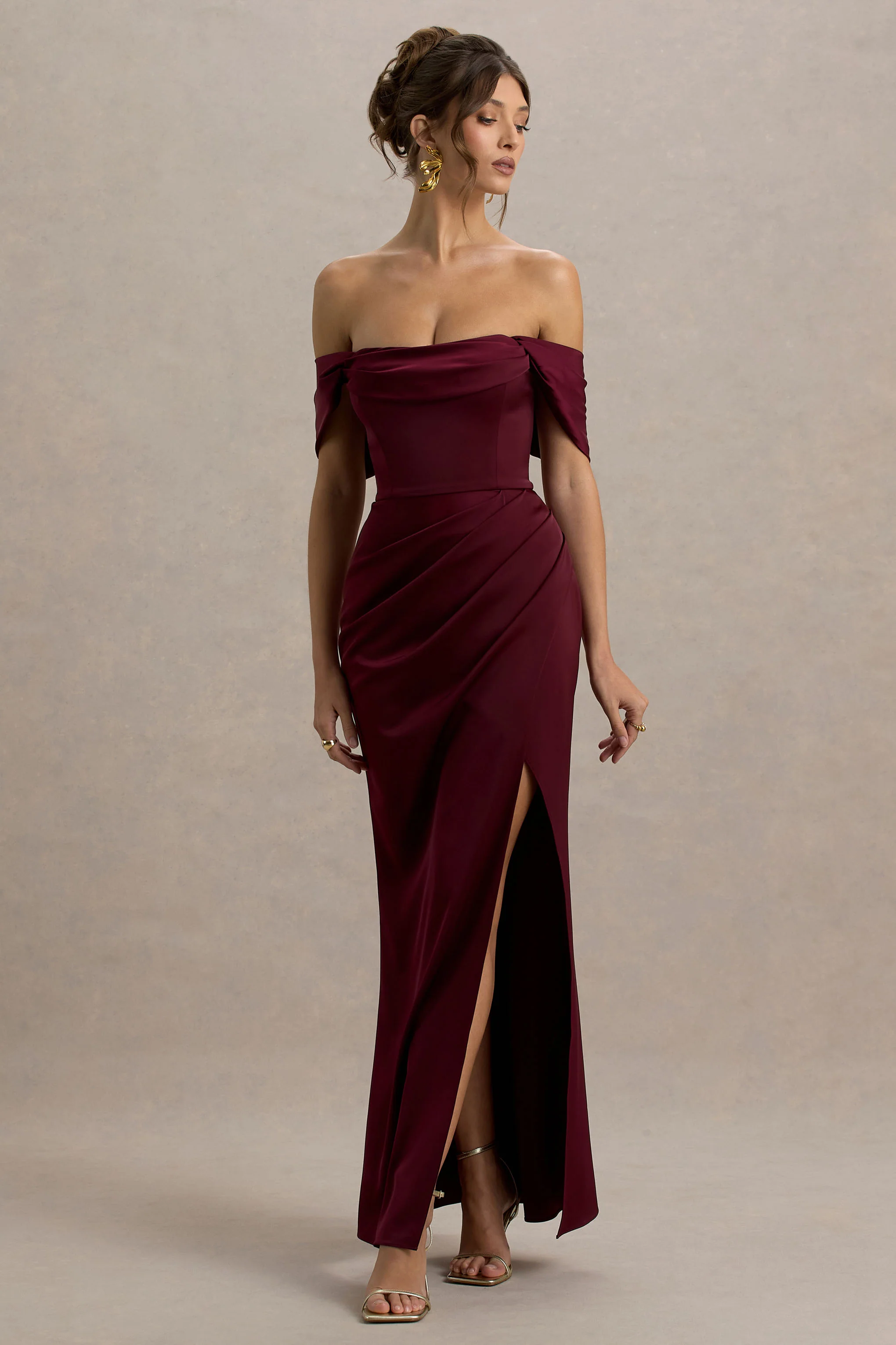 Annie | Burgundy Satin Bardot Maxi Dress With Split Wrap Skirt - Image 4