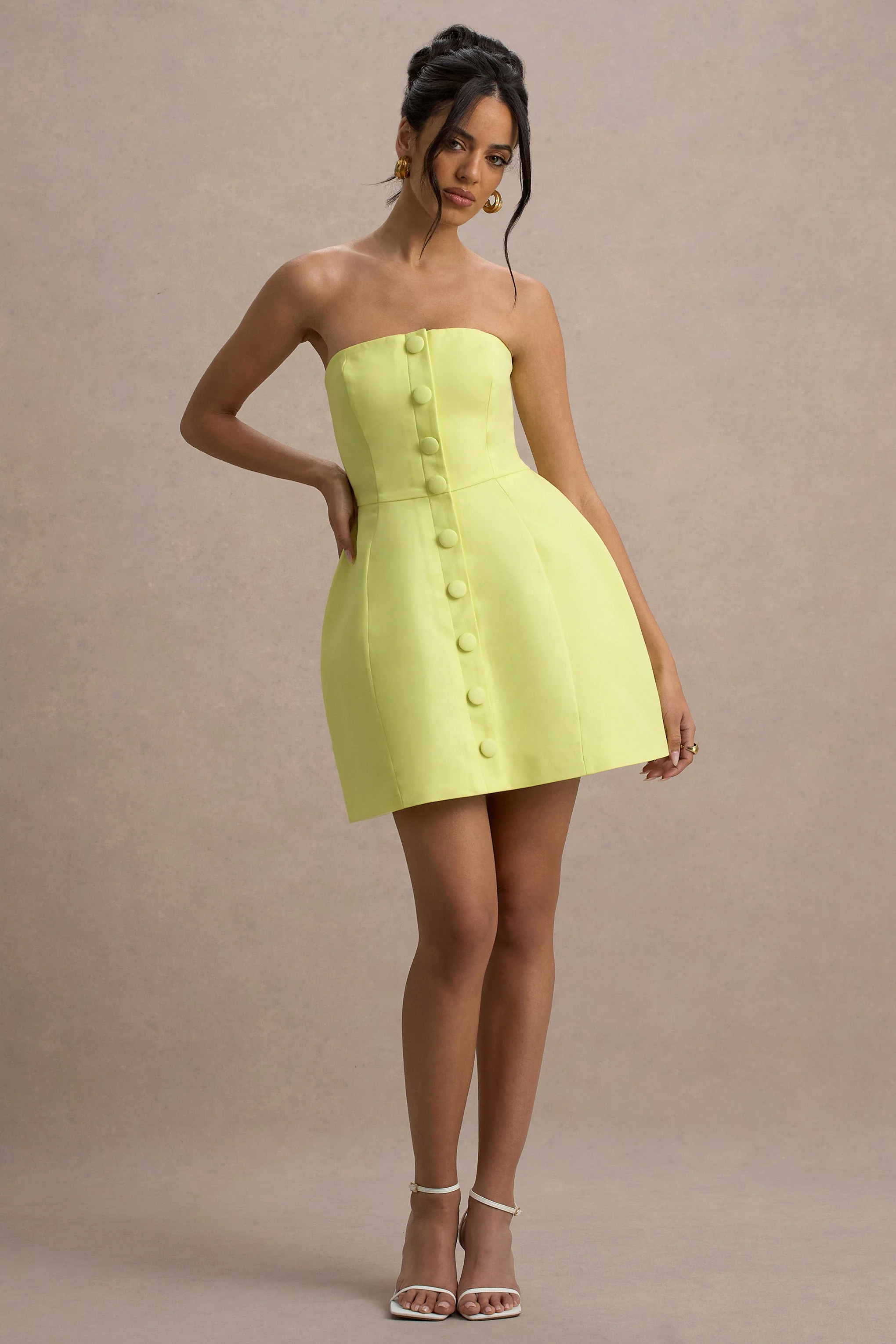 Anniston | Lemon Bandeau Tailored Button Mini Dress - Image 3