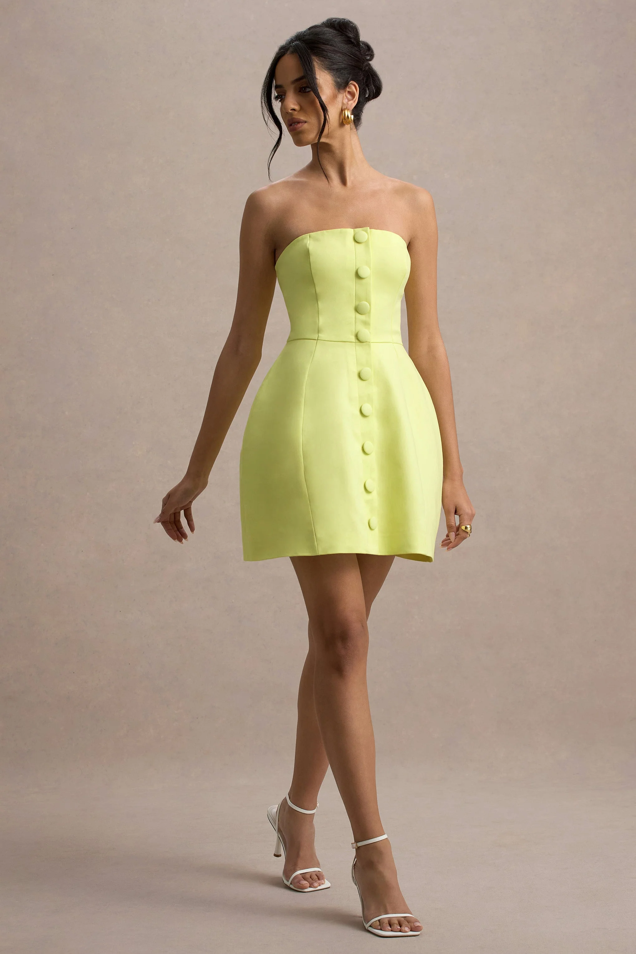 Anniston | Lemon Bandeau Tailored Button Mini Dress - Image 5