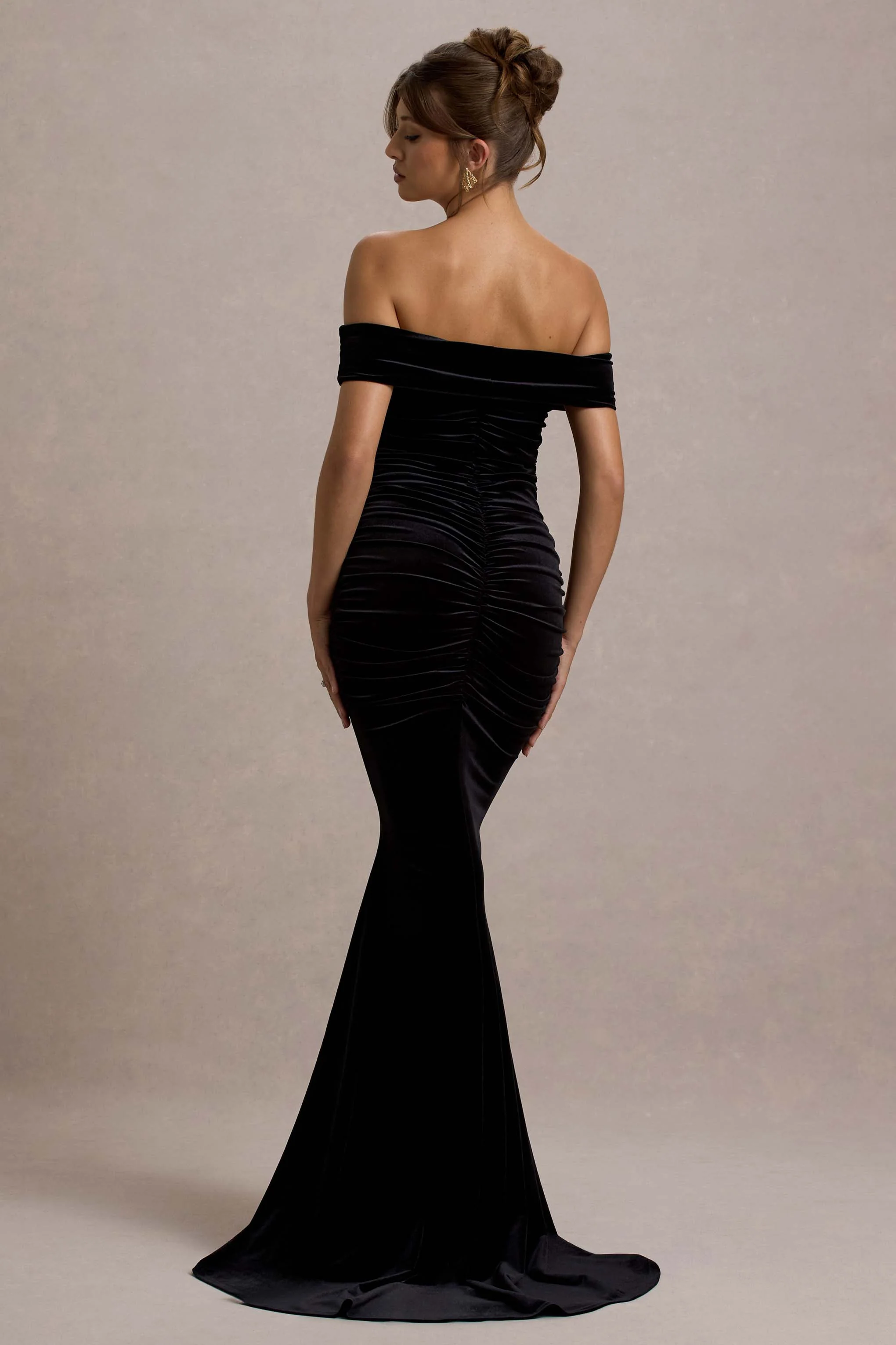 Apolline | Black Velvet Off The Shoulder Ruched Fishtail Maxi Dress - Image 2