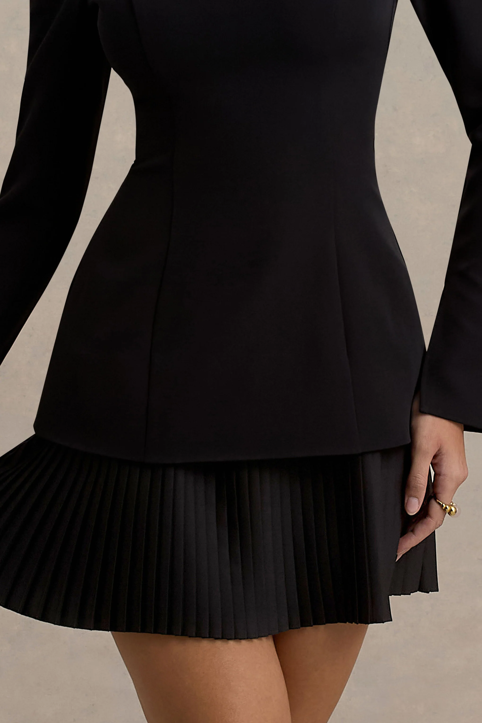 Athena | Black Long-Sleeve Mini Dress With Pleated Hem - Image 6