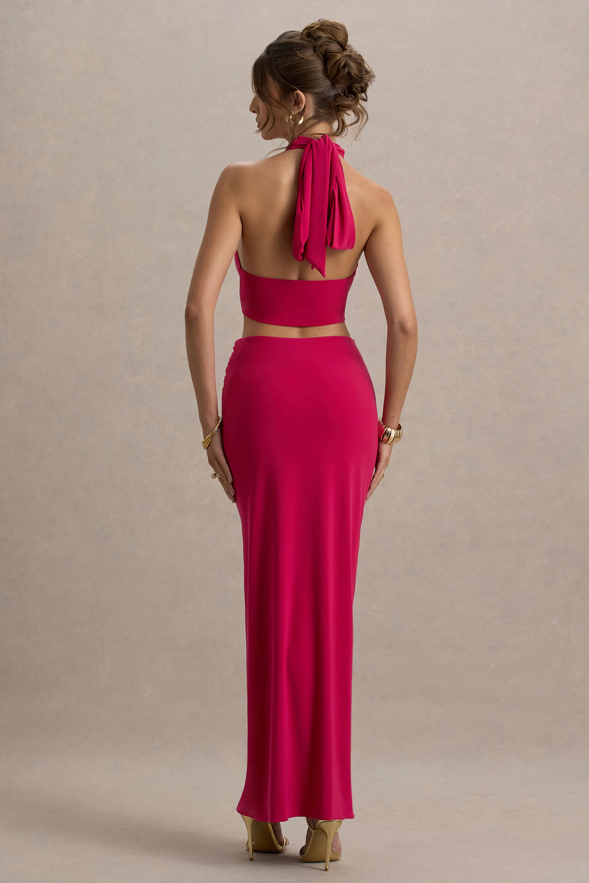 Aura | Hot Pink Halter-Neck Cut-Out Split Maxi Dress - Image 2