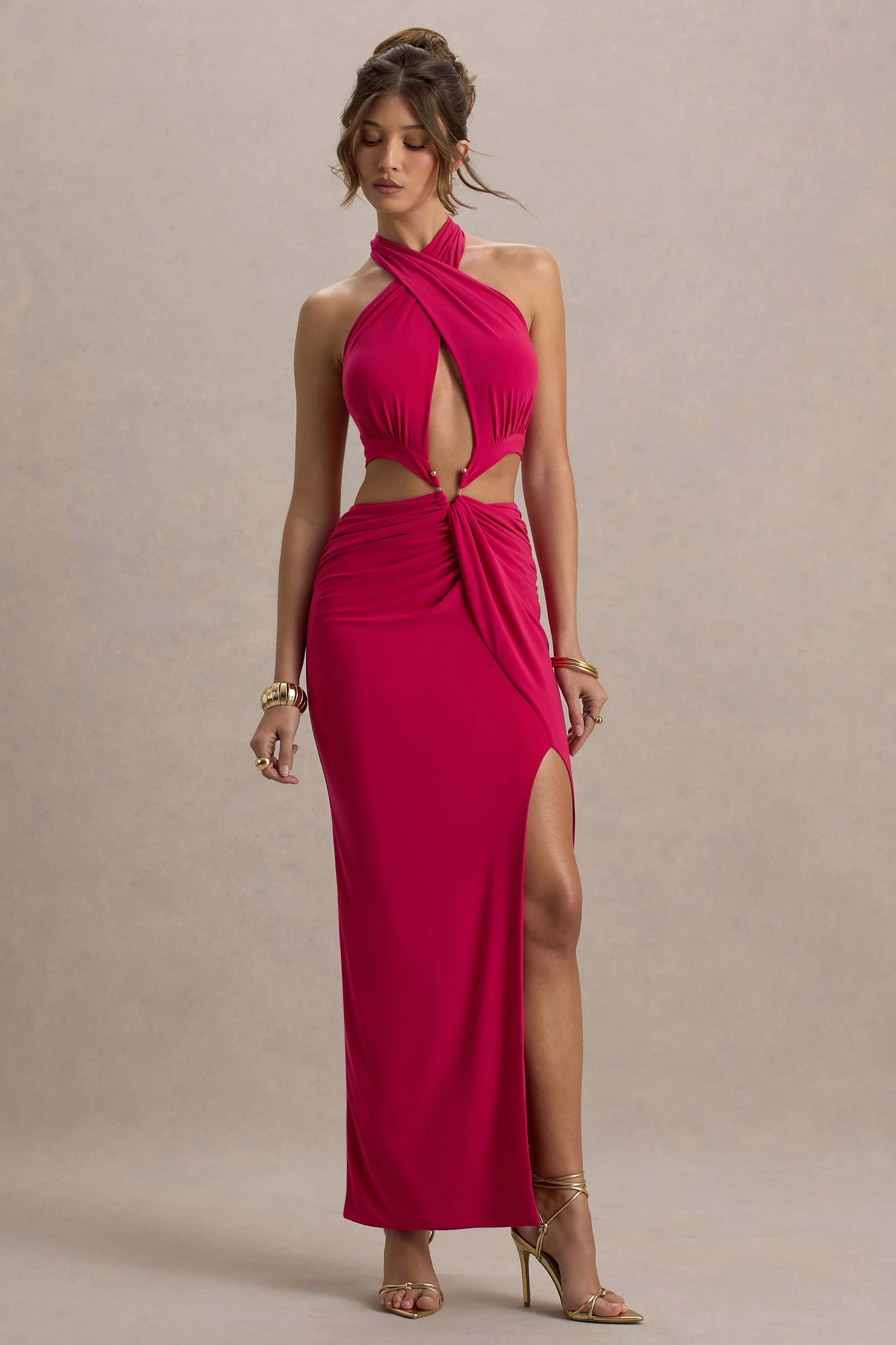 Aura | Hot Pink Halter-Neck Cut-Out Split Maxi Dress - Image 5
