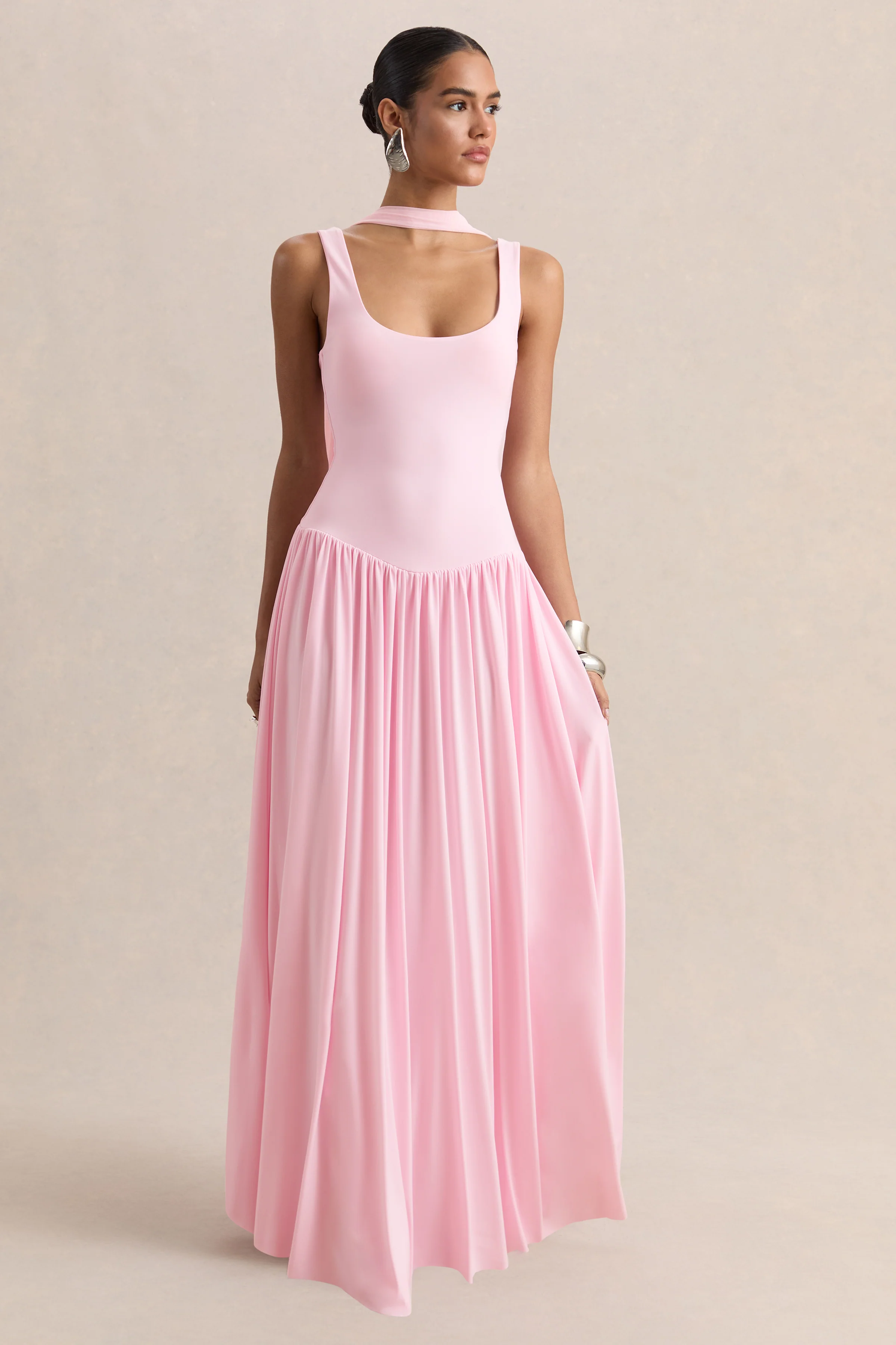 Aurina | Pink Square-Neck Maxi Dress With Scarf-Detail - Image 4